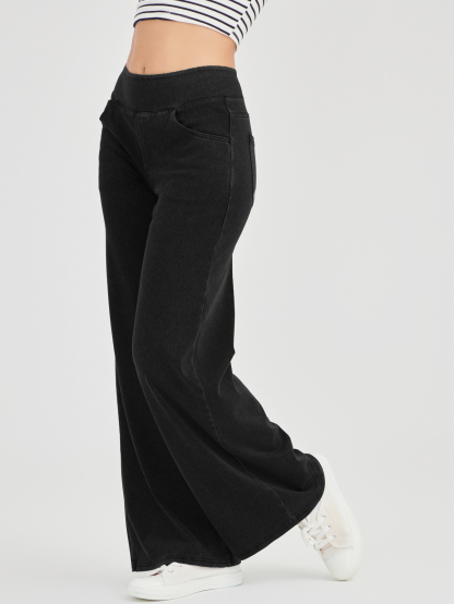 Light Wash High Waist Pull-On Wide Leg Jeans for Women - Stretchy Comfort Denim Pants