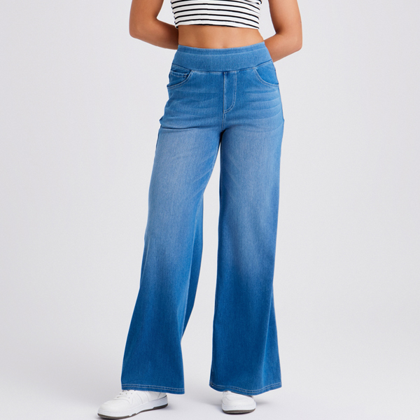 Light Wash High Waist Pull-On Wide Leg Jeans for Women - Stretchy Comfort Denim Pants