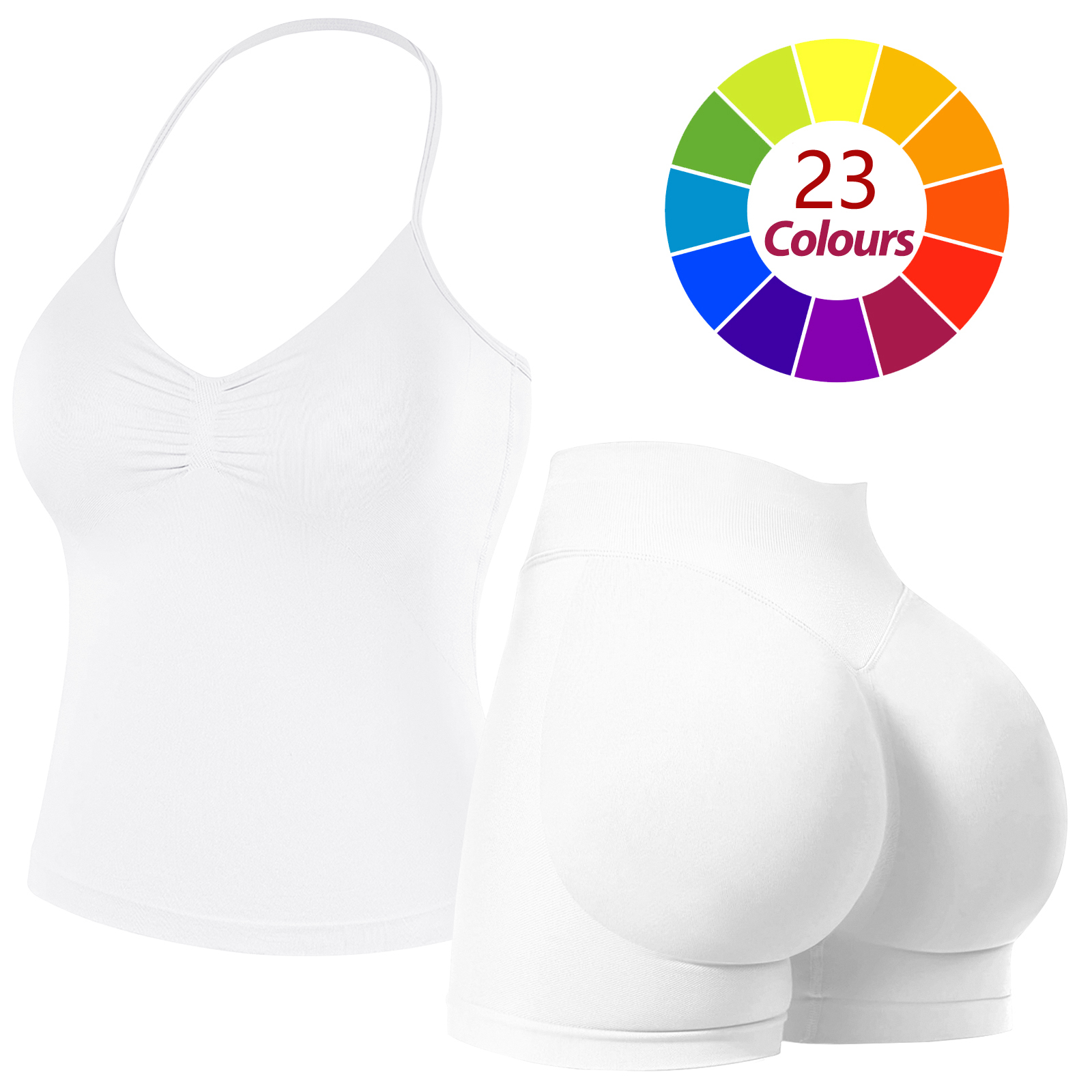 Women Seamless Yoga Outfit 23 Colors Ruched Halter Cami Top High Waist Butt Lifting Workout Shorts Gym Activewear Set
