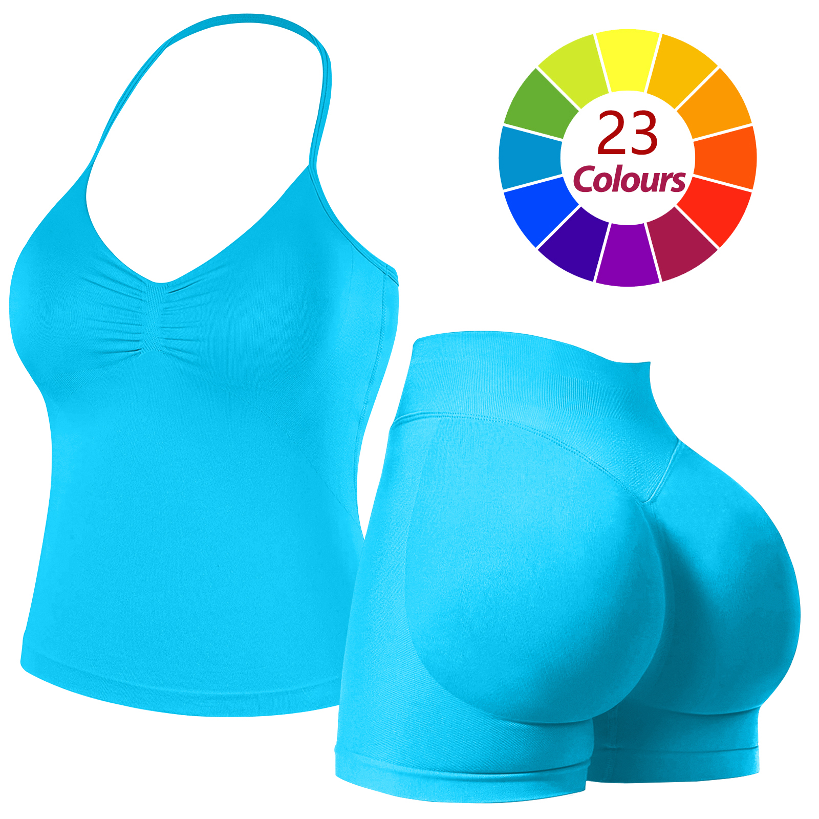 Women Seamless Yoga Outfit 23 Colors Ruched Halter Cami Top High Waist Butt Lifting Workout Shorts Gym Activewear Set