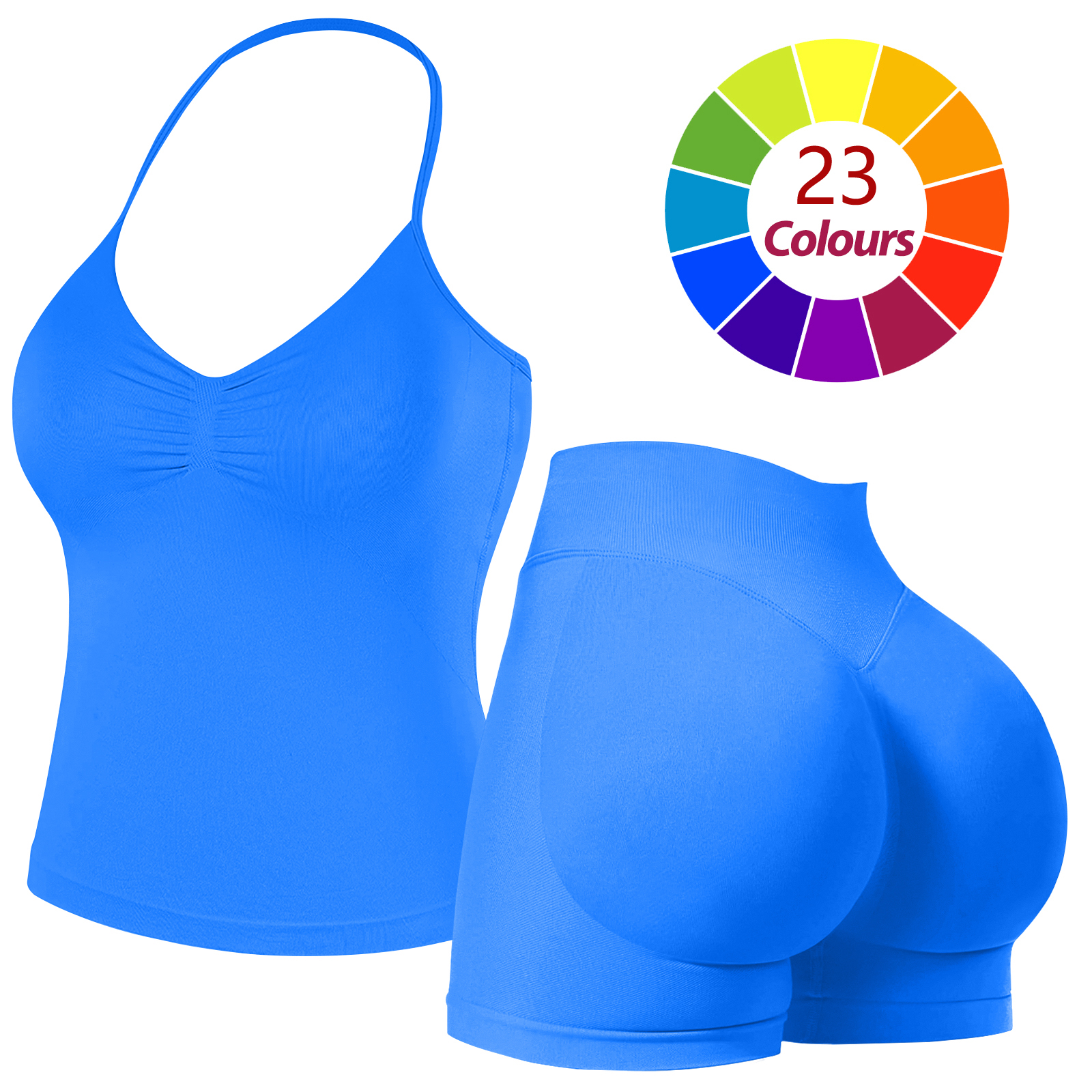 Women Seamless Yoga Outfit 23 Colors Ruched Halter Cami Top High Waist Butt Lifting Workout Shorts Gym Activewear Set