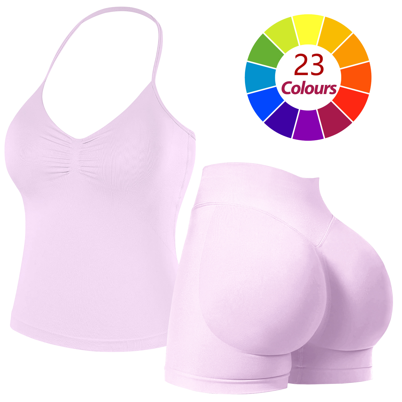 Women Seamless Yoga Outfit 23 Colors Ruched Halter Cami Top High Waist Butt Lifting Workout Shorts Gym Activewear Set