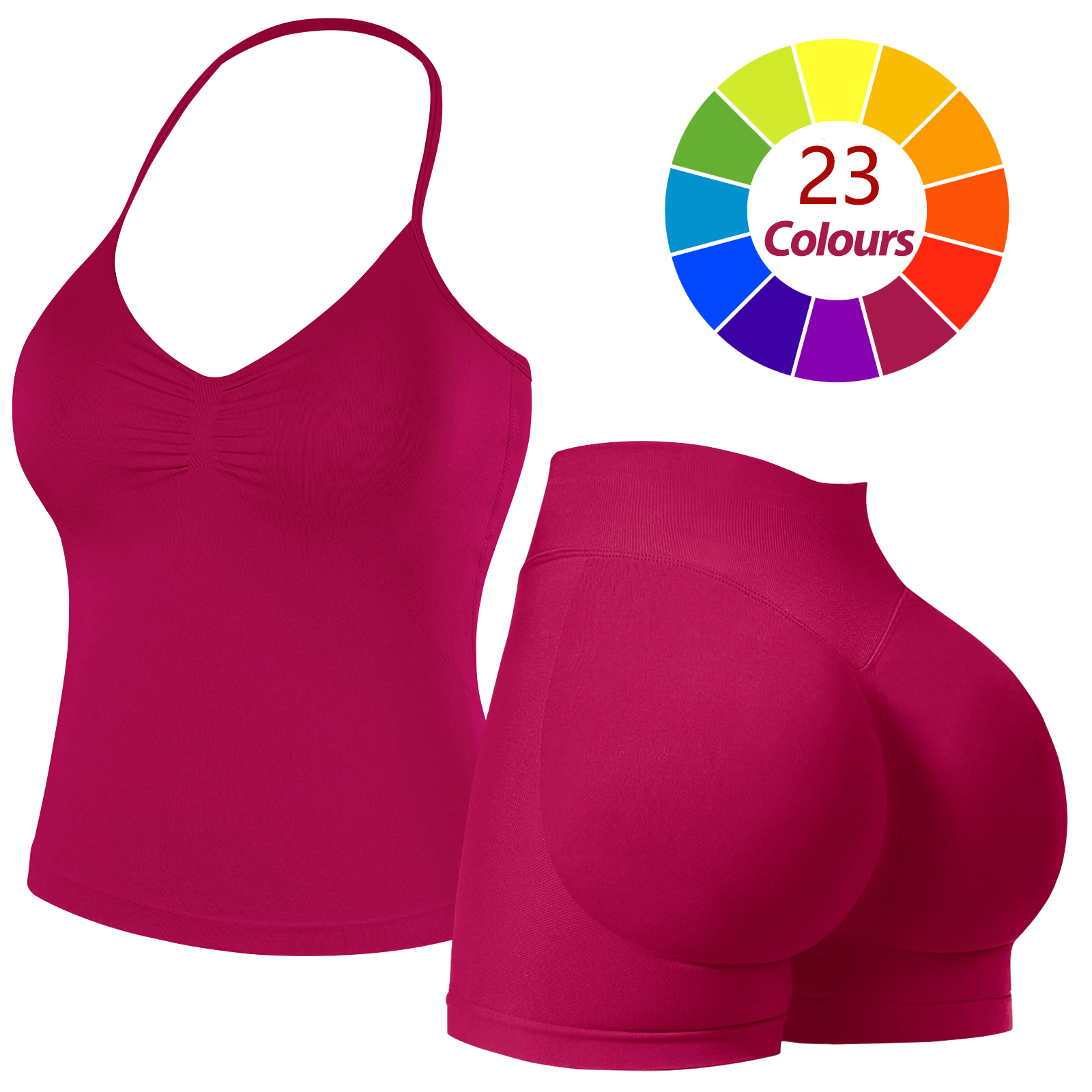 Women Seamless Yoga Outfit 23 Colors Ruched Halter Cami Top High Waist Butt Lifting Workout Shorts Gym Activewear Set