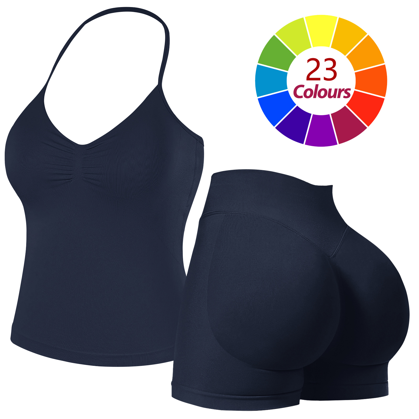 Women Seamless Yoga Outfit 23 Colors Ruched Halter Cami Top High Waist Butt Lifting Workout Shorts Gym Activewear Set