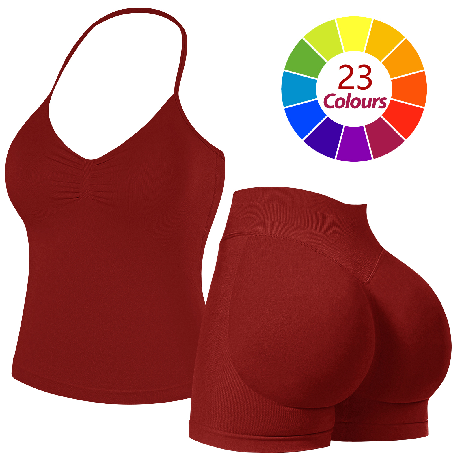Women Seamless Yoga Outfit 23 Colors Ruched Halter Cami Top High Waist Butt Lifting Workout Shorts Gym Activewear Set