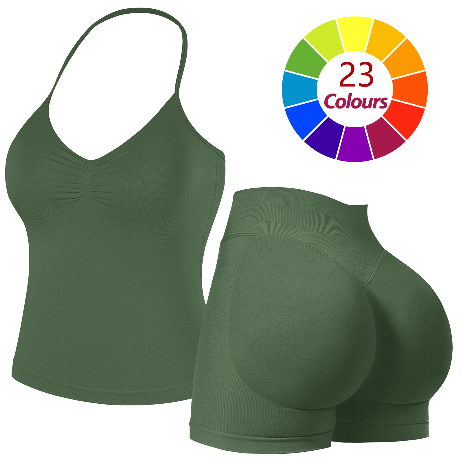 Women Seamless Yoga Outfit 23 Colors Ruched Halter Cami Top High Waist Butt Lifting Workout Shorts Gym Activewear Set