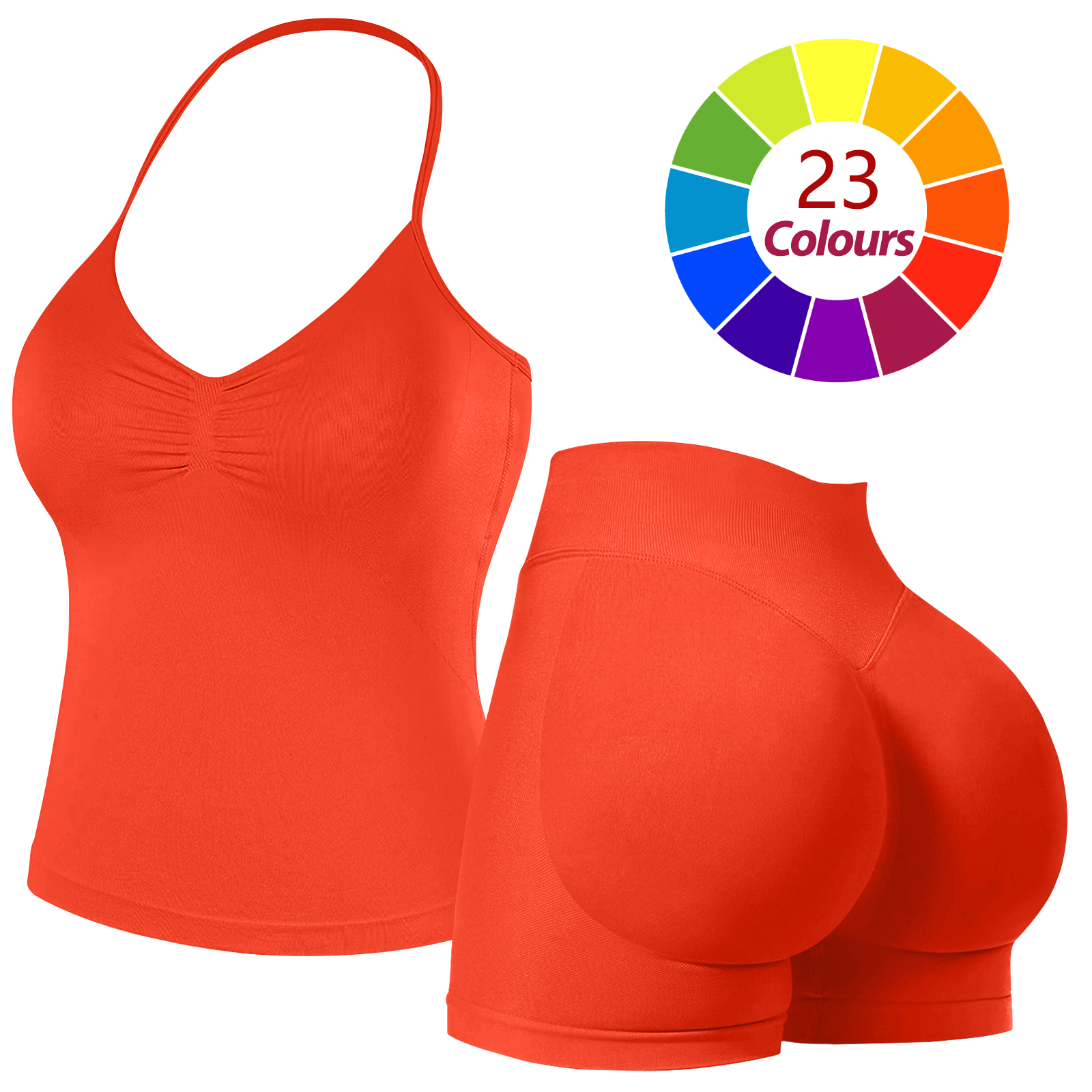 Women Seamless Yoga Outfit 23 Colors Ruched Halter Cami Top High Waist Butt Lifting Workout Shorts Gym Activewear Set