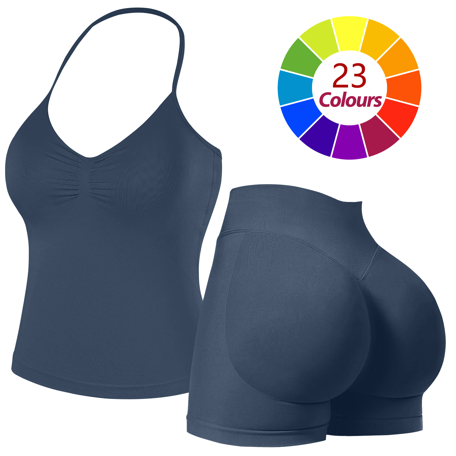 Women Seamless Yoga Outfit 23 Colors Ruched Halter Cami Top High Waist Butt Lifting Workout Shorts Gym Activewear Set