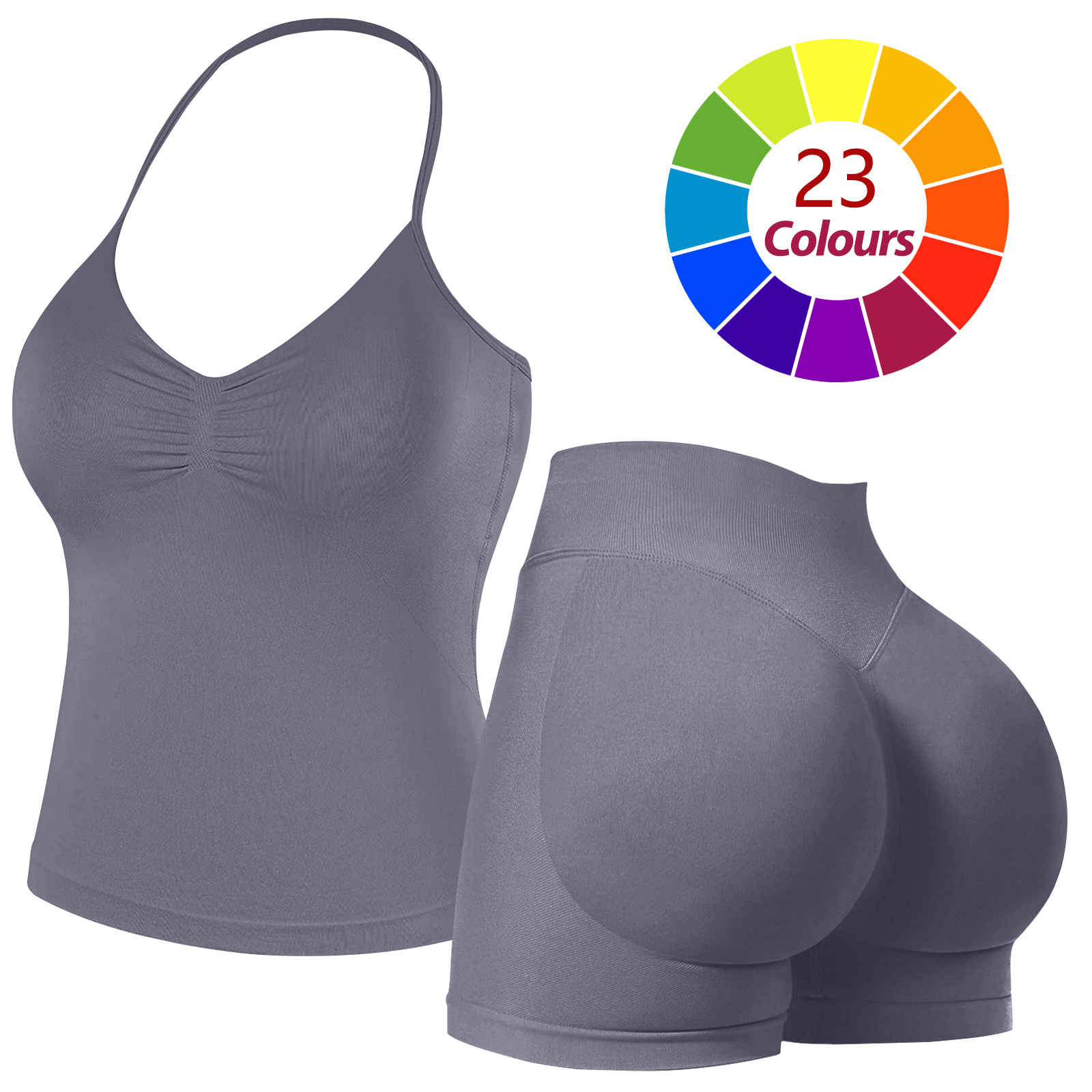 Women Seamless Yoga Outfit 23 Colors Ruched Halter Cami Top High Waist Butt Lifting Workout Shorts Gym Activewear Set