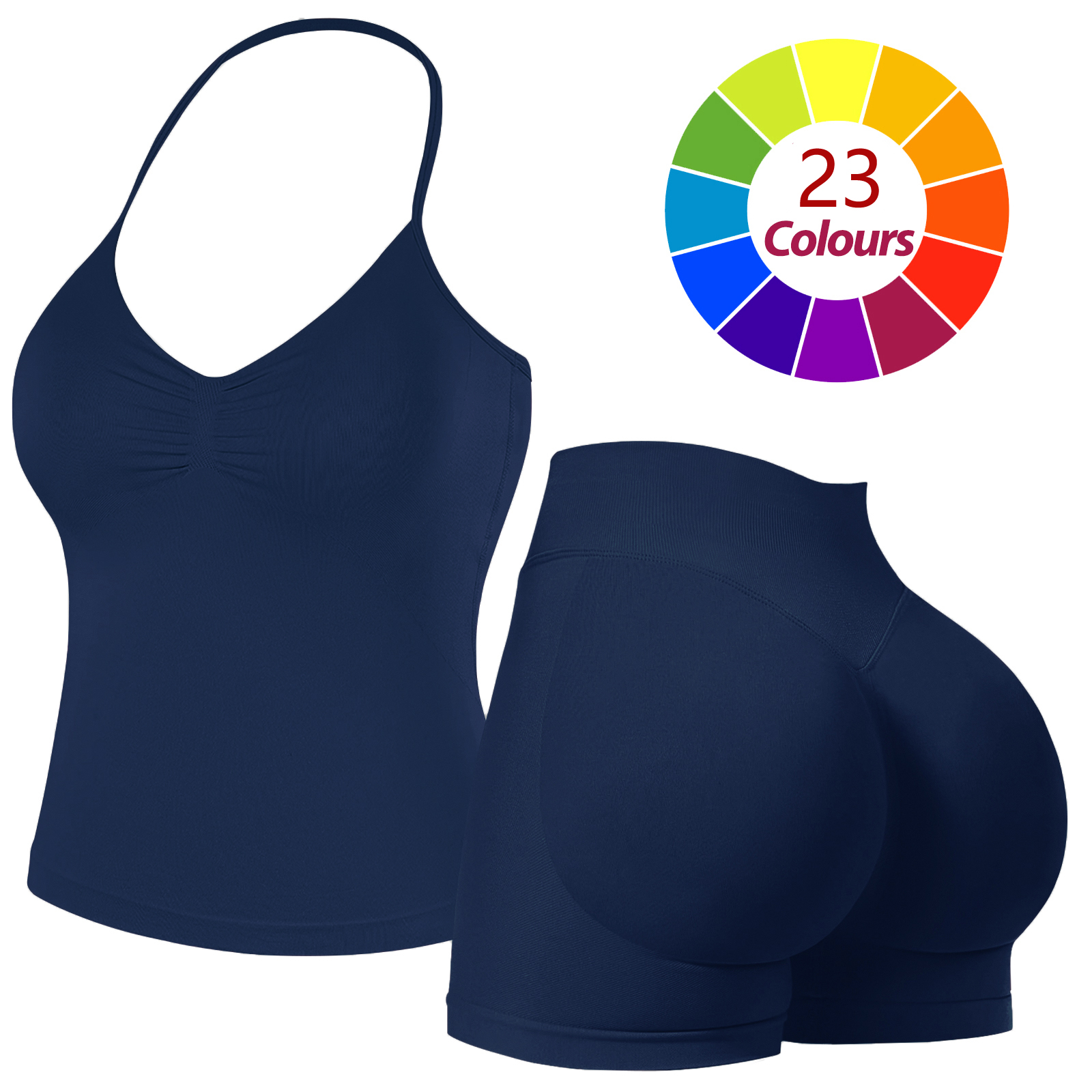 Women Seamless Yoga Outfit 23 Colors Ruched Halter Cami Top High Waist Butt Lifting Workout Shorts Gym Activewear Set