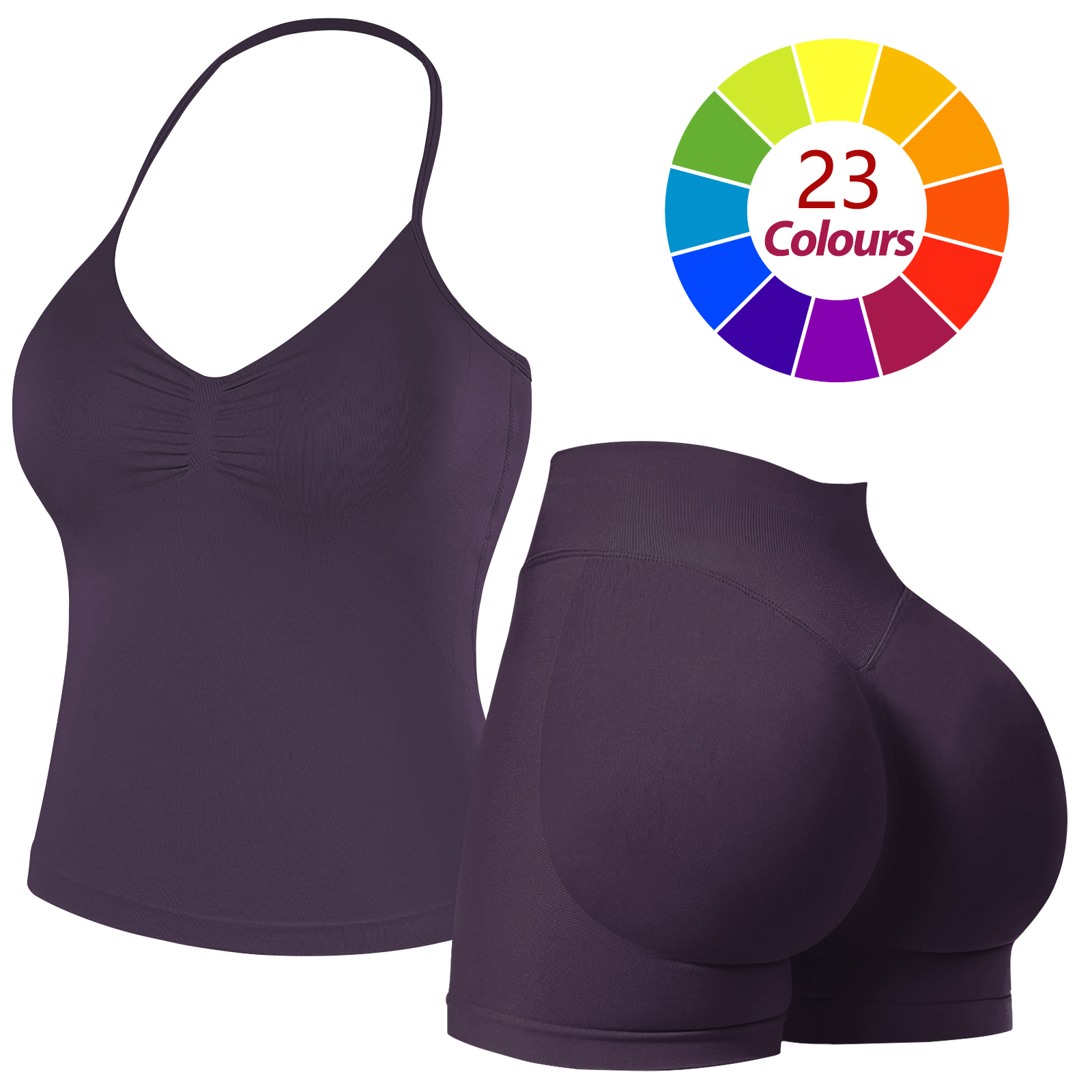 Women Seamless Yoga Outfit 23 Colors Ruched Halter Cami Top High Waist Butt Lifting Workout Shorts Gym Activewear Set
