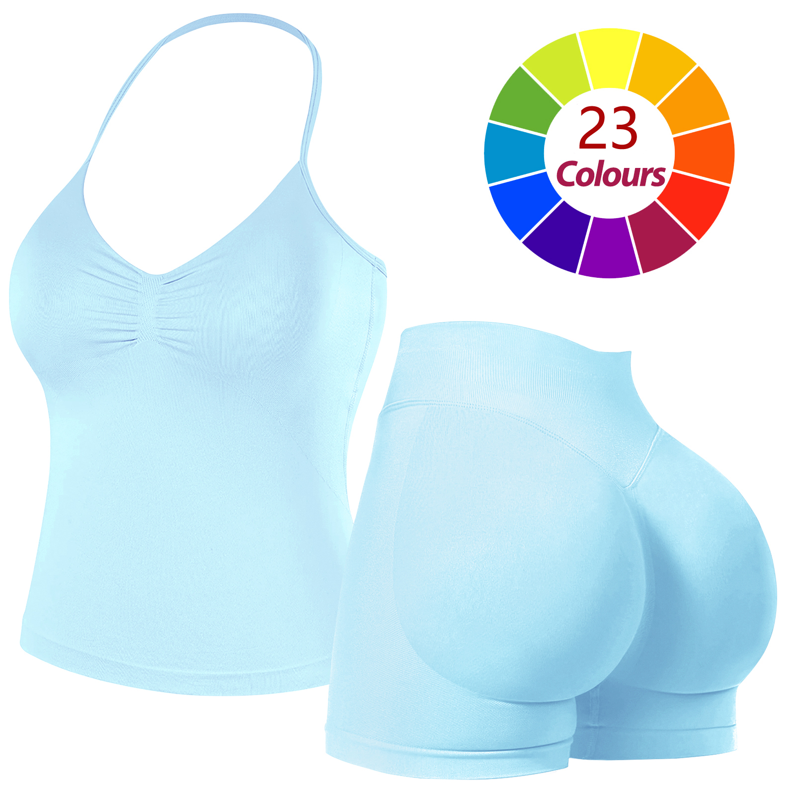 Women Seamless Yoga Outfit 23 Colors Ruched Halter Cami Top High Waist Butt Lifting Workout Shorts Gym Activewear Set