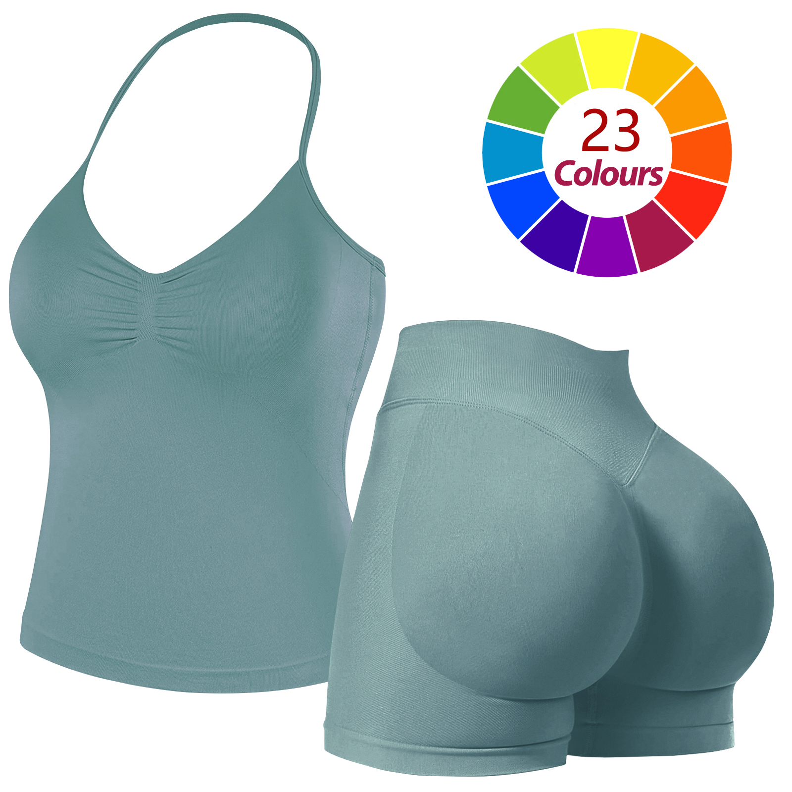 Women Seamless Yoga Outfit 23 Colors Ruched Halter Cami Top High Waist Butt Lifting Workout Shorts Gym Activewear Set