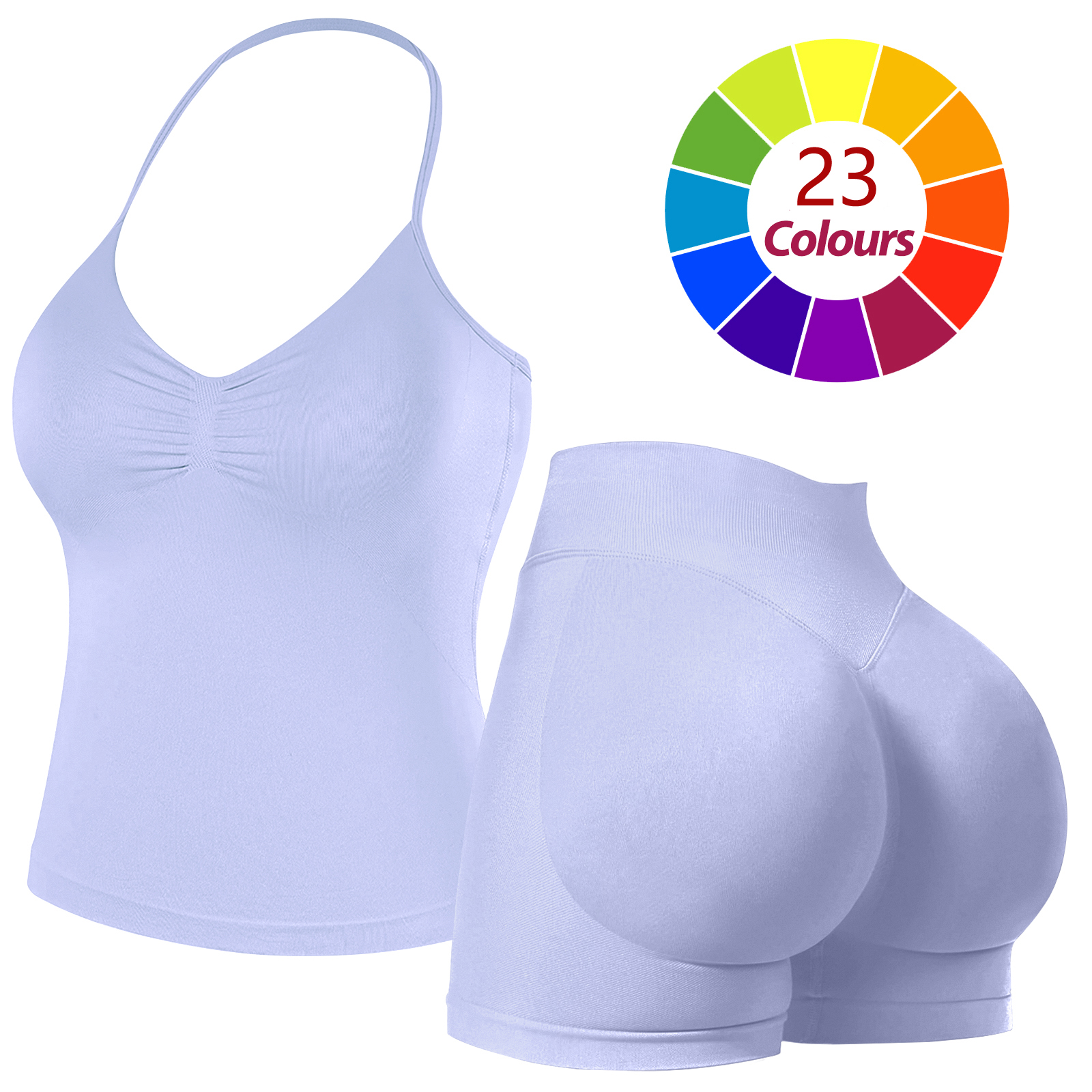 Women Seamless Yoga Outfit 23 Colors Ruched Halter Cami Top High Waist Butt Lifting Workout Shorts Gym Activewear Set