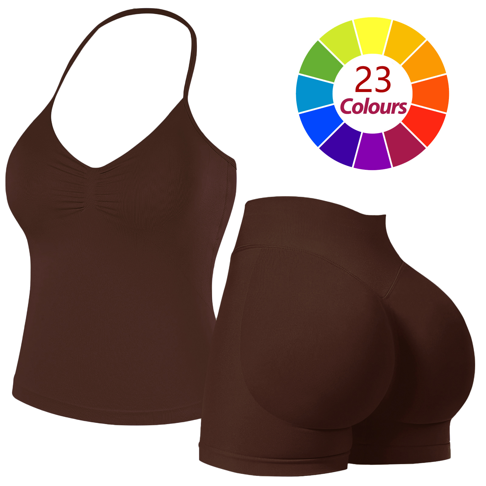 Women Seamless Yoga Outfit 23 Colors Ruched Halter Cami Top High Waist Butt Lifting Workout Shorts Gym Activewear Set