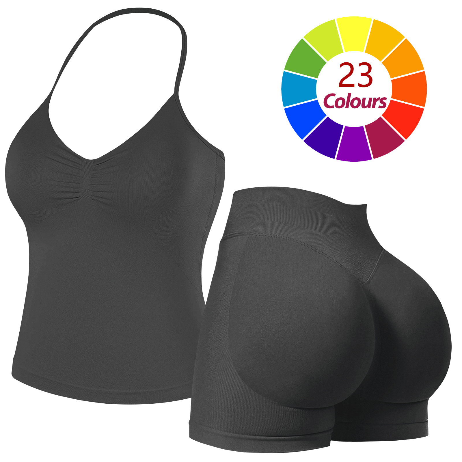 Women Seamless Yoga Outfit 23 Colors Ruched Halter Cami Top High Waist Butt Lifting Workout Shorts Gym Activewear Set
