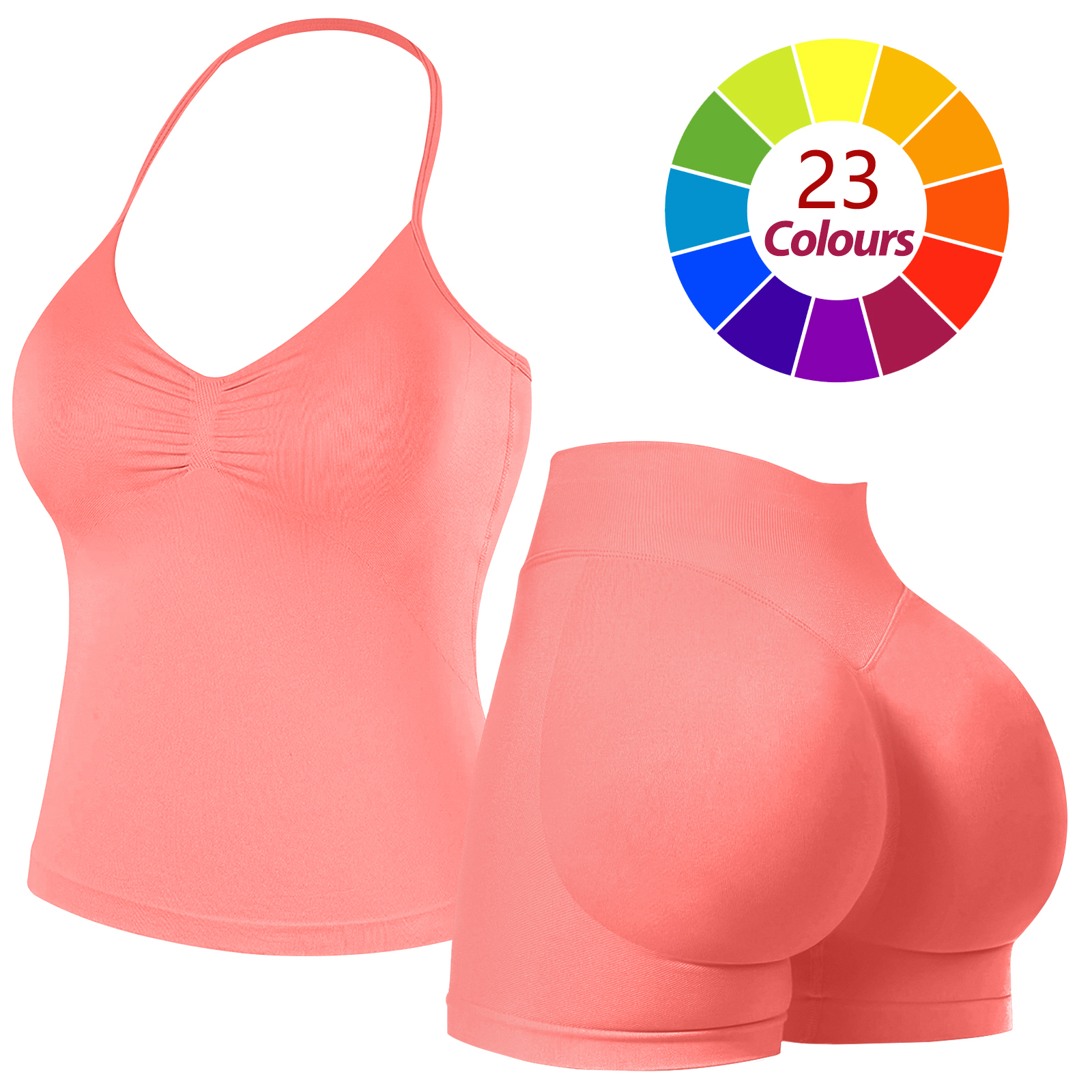 Women Seamless Yoga Outfit 23 Colors Ruched Halter Cami Top High Waist Butt Lifting Workout Shorts Gym Activewear Set