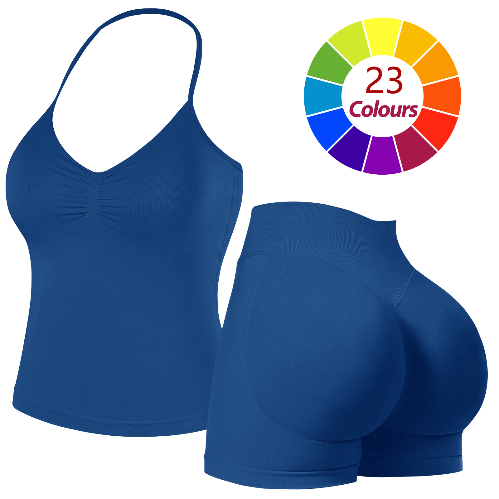 Women Seamless Yoga Outfit 23 Colors Ruched Halter Cami Top High Waist Butt Lifting Workout Shorts Gym Activewear Set