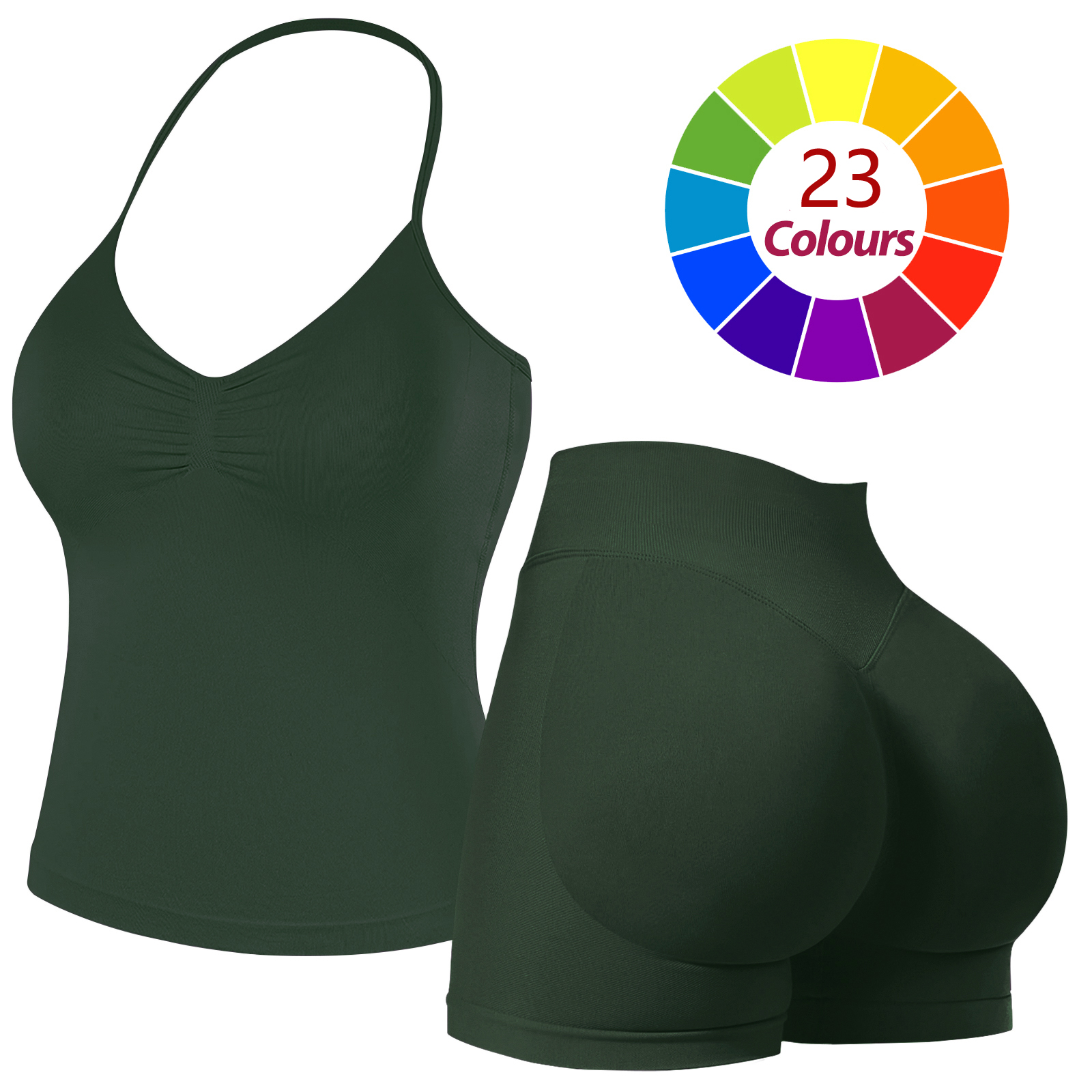 Women Seamless Yoga Outfit 23 Colors Ruched Halter Cami Top High Waist Butt Lifting Workout Shorts Gym Activewear Set