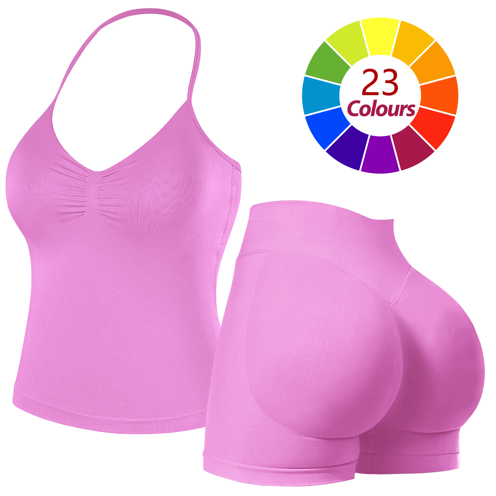 Women Seamless Yoga Outfit 23 Colors Ruched Halter Cami Top High Waist Butt Lifting Workout Shorts Gym Activewear Set