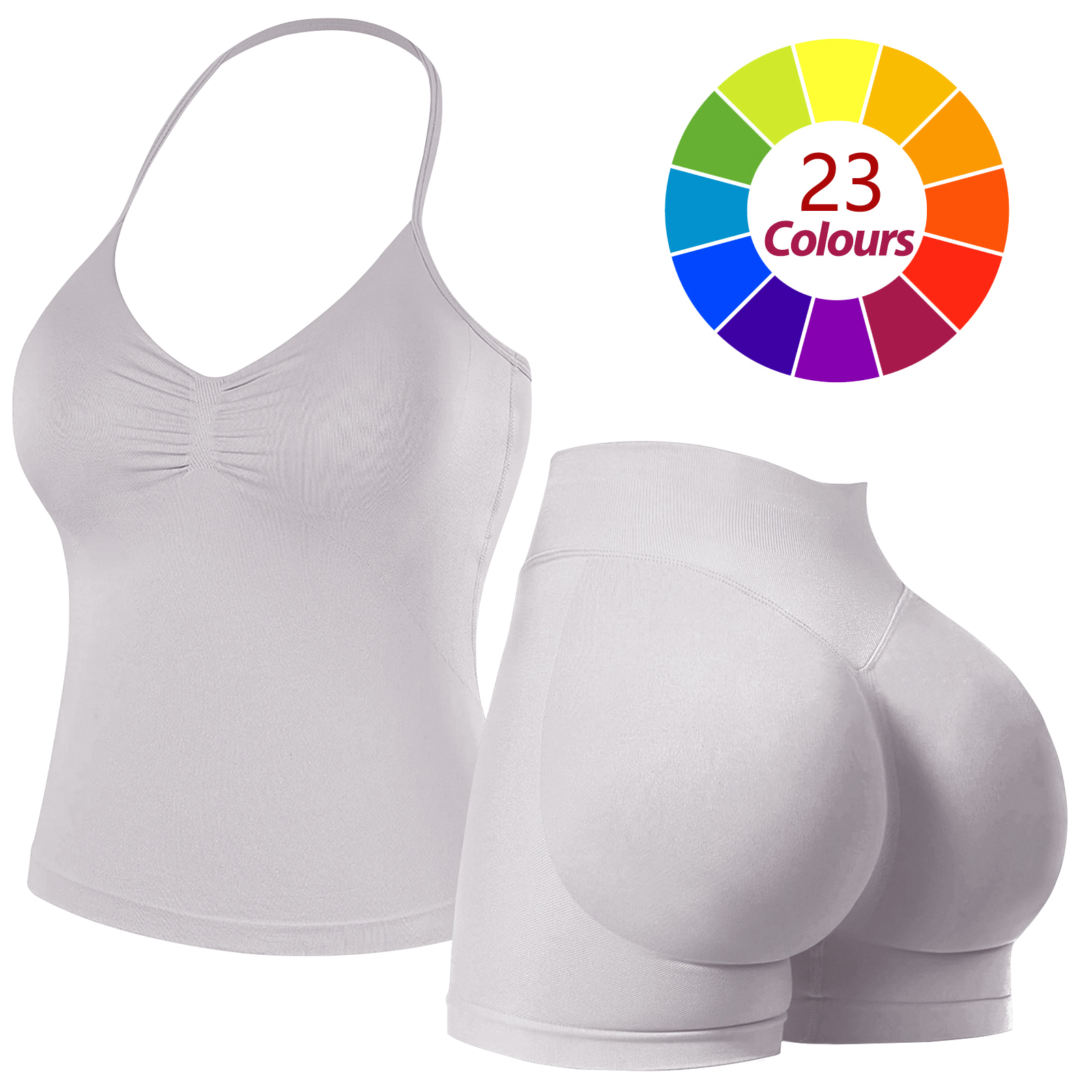 Women Seamless Yoga Outfit 23 Colors Ruched Halter Cami Top High Waist Butt Lifting Workout Shorts Gym Activewear Set