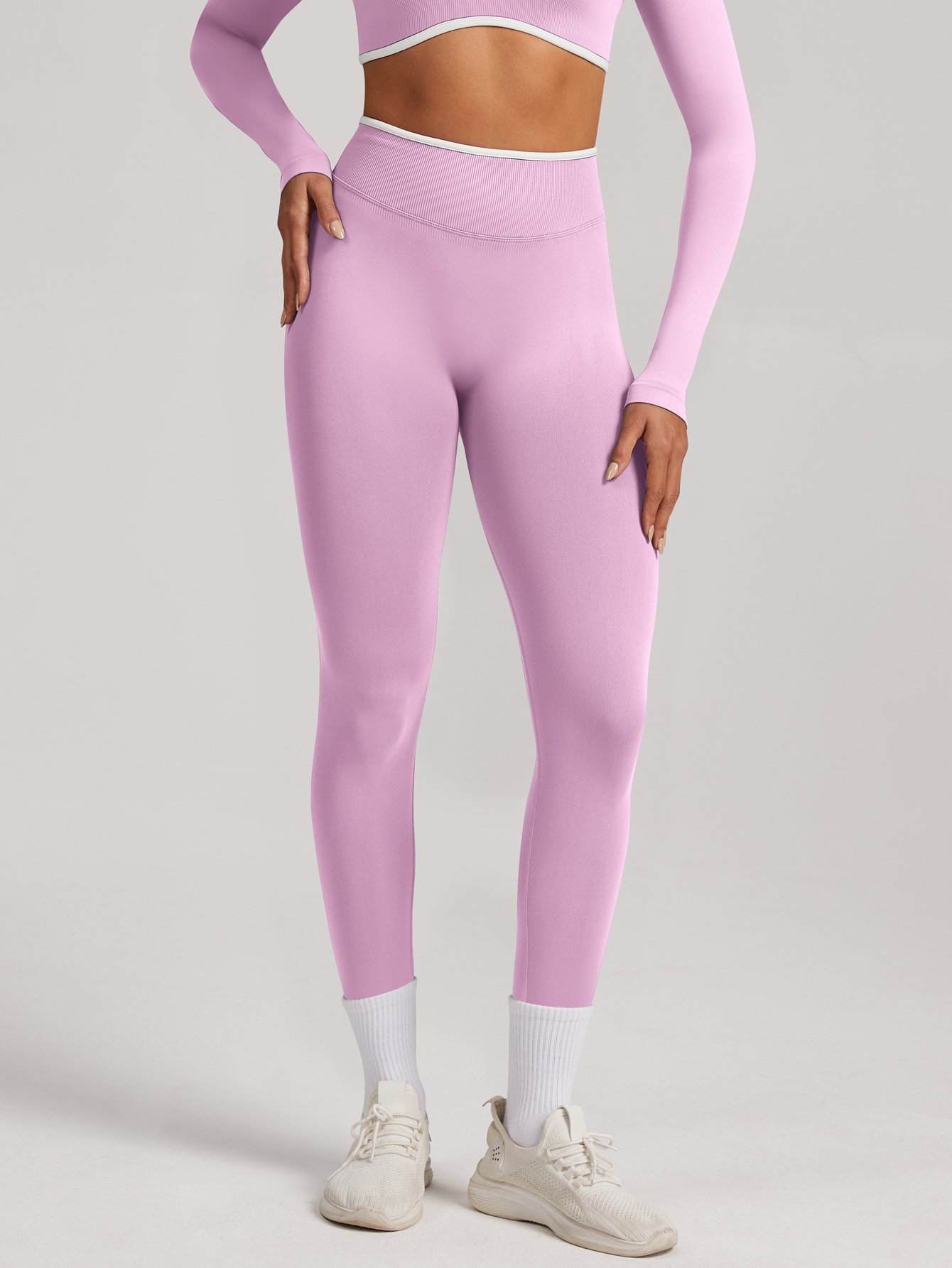 Women Contrast White Trim High Waist Seamless Yoga Leggings Tummy Control Stretch Fitness Workout Pants