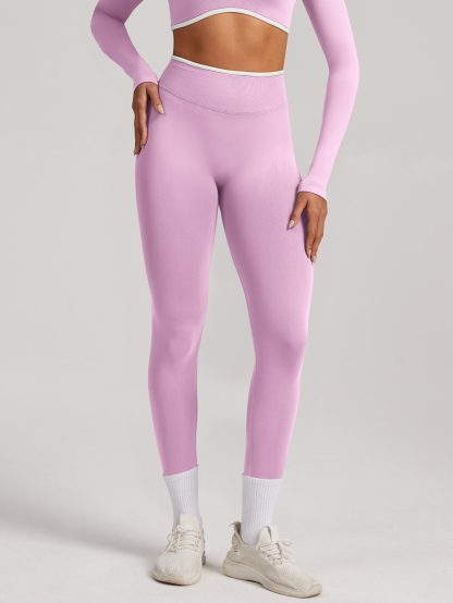 Women Contrast White Trim High Waist Seamless Yoga Leggings Tummy Control Stretch Fitness Workout Pants
