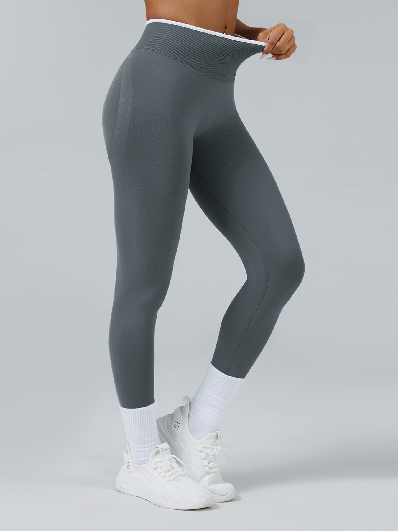 Women Contrast White Trim High Waist Seamless Yoga Leggings Tummy Control Stretch Fitness Workout Pants