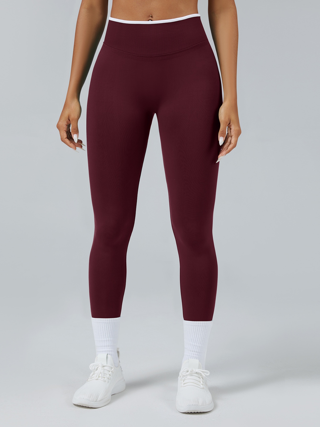 Women Contrast White Trim High Waist Seamless Yoga Leggings Tummy Control Stretch Fitness Workout Pants