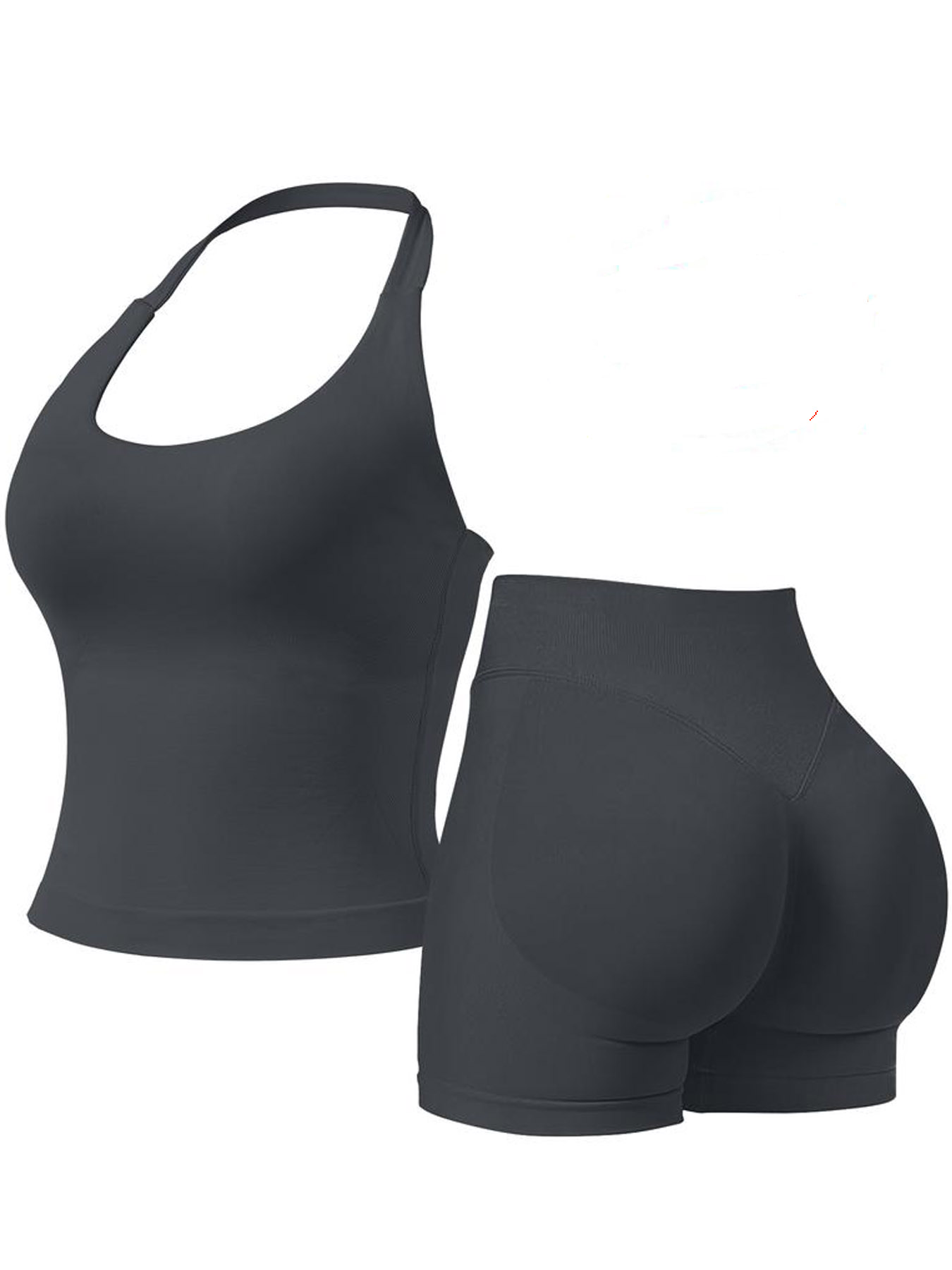 Women Halter U Neck Crop Tank Top High Waist Biker Shorts 2 Piece Seamless Yoga Workout Activewear Set