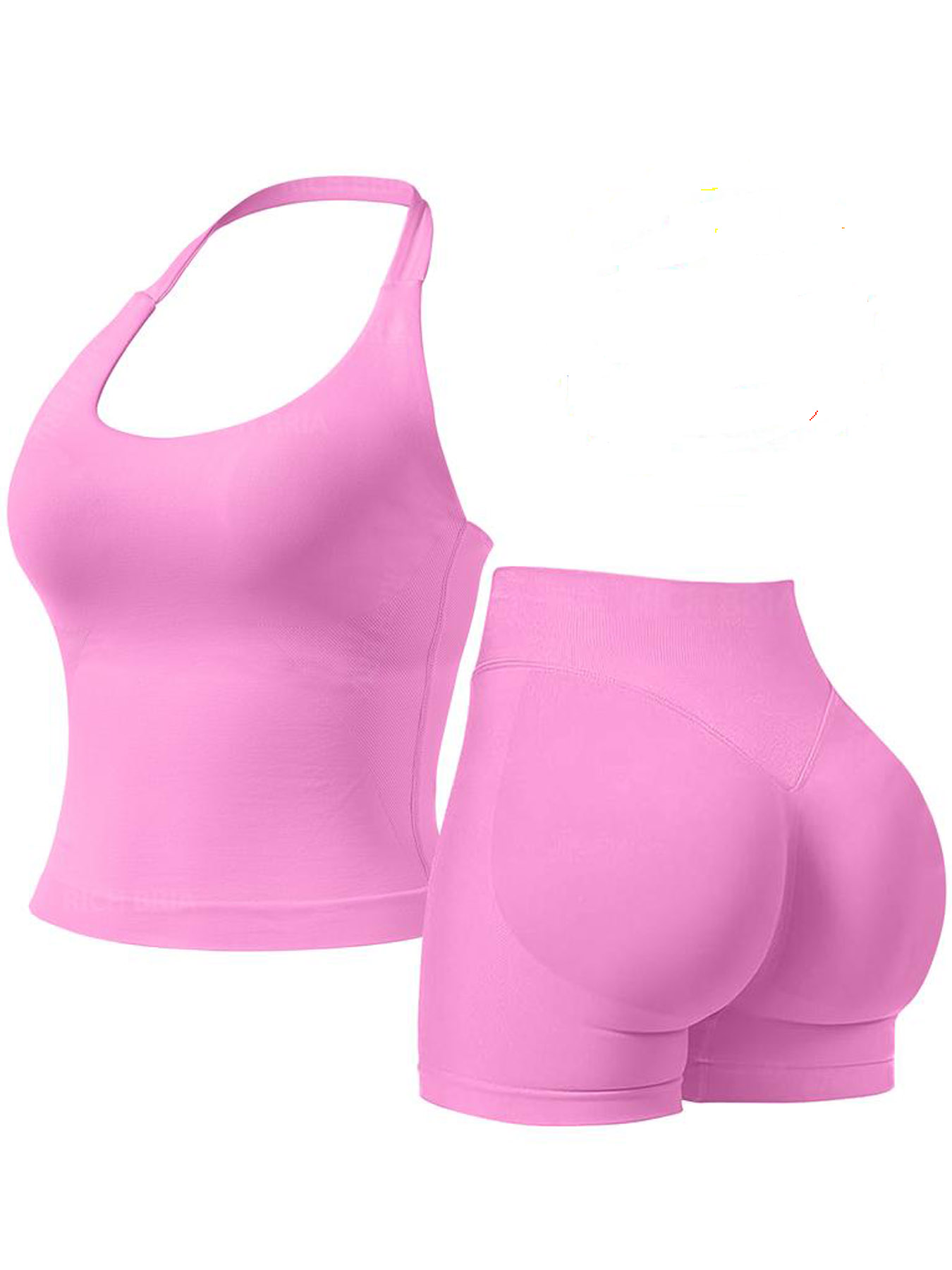 Women Halter U Neck Crop Tank Top High Waist Biker Shorts 2 Piece Seamless Yoga Workout Activewear Set