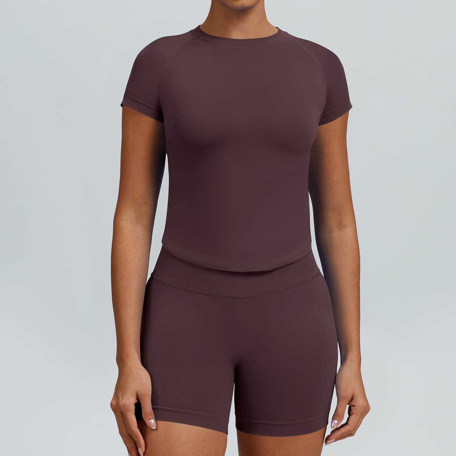 Women Raglan Short Sleeve Crew Neck Crop Top High Waist Biker Shorts 2 Piece Yoga Workout Active Set