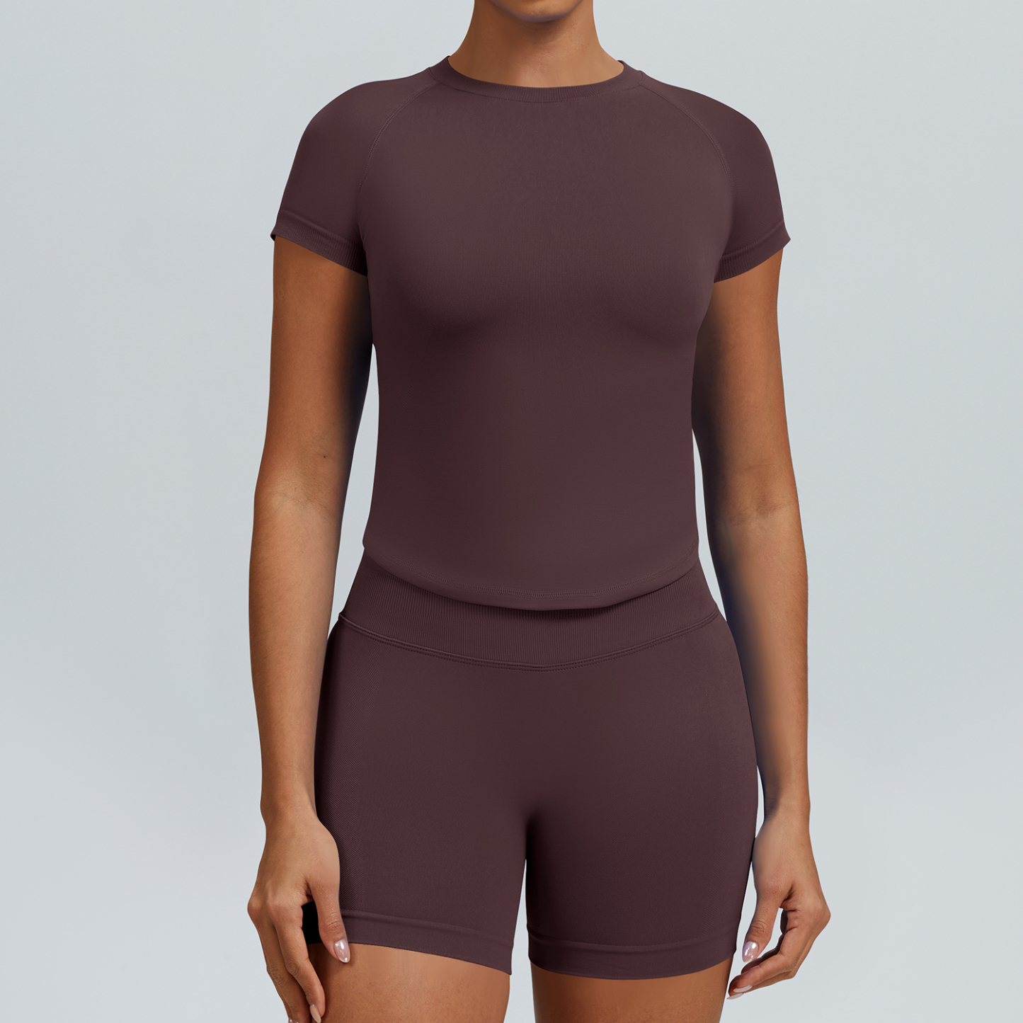 Women Raglan Short Sleeve Crew Neck Crop Top High Waist Biker Shorts 2 Piece Yoga Workout Active Set