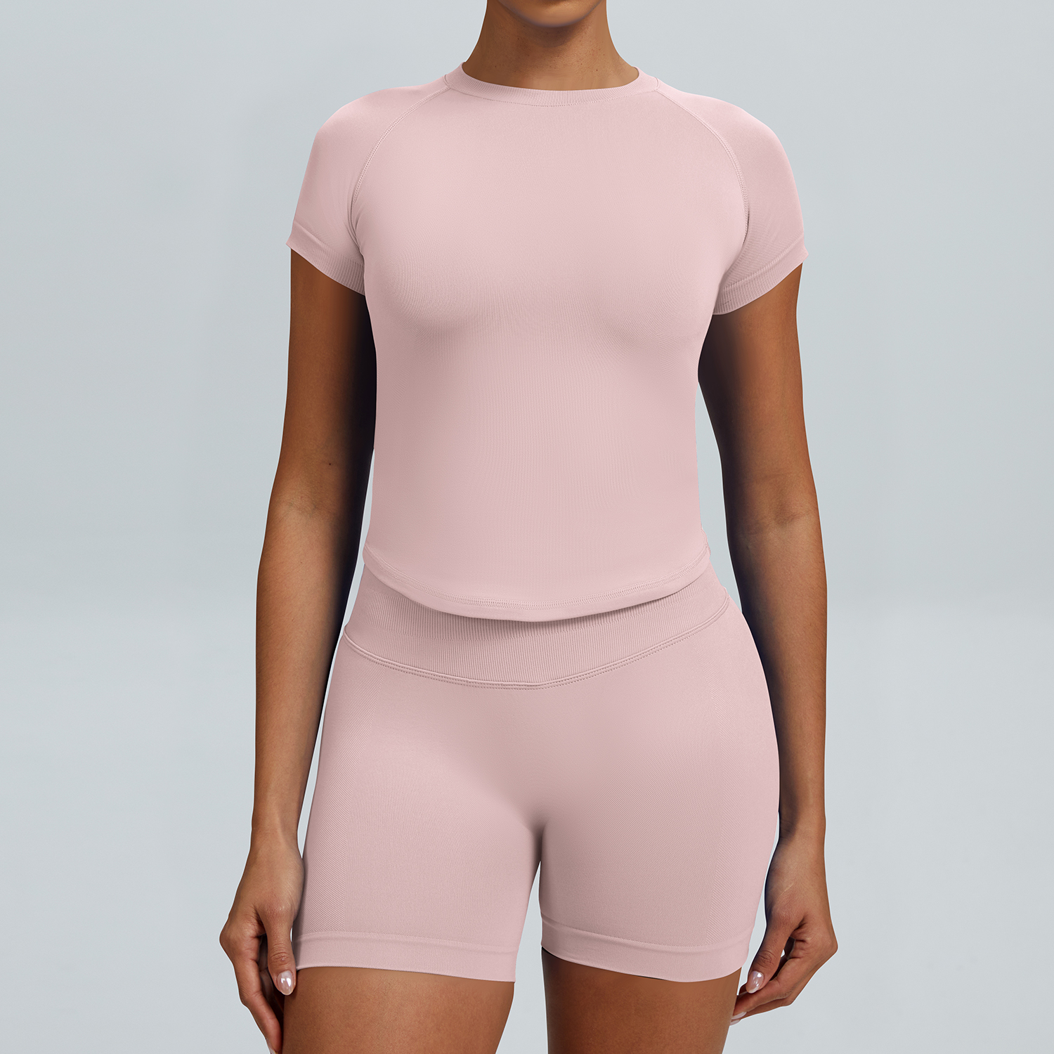 Women Raglan Short Sleeve Crew Neck Crop Top High Waist Biker Shorts 2 Piece Yoga Workout Active Set