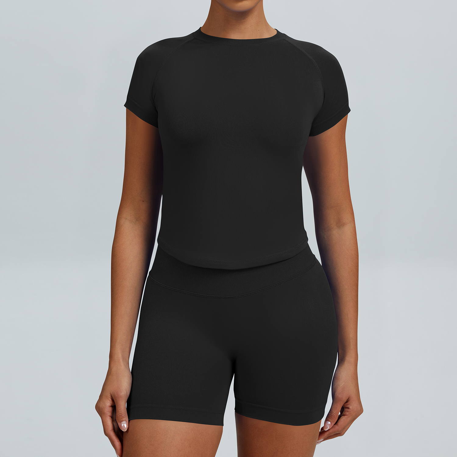 Women Raglan Short Sleeve Crew Neck Crop Top High Waist Biker Shorts 2 Piece Yoga Workout Active Set