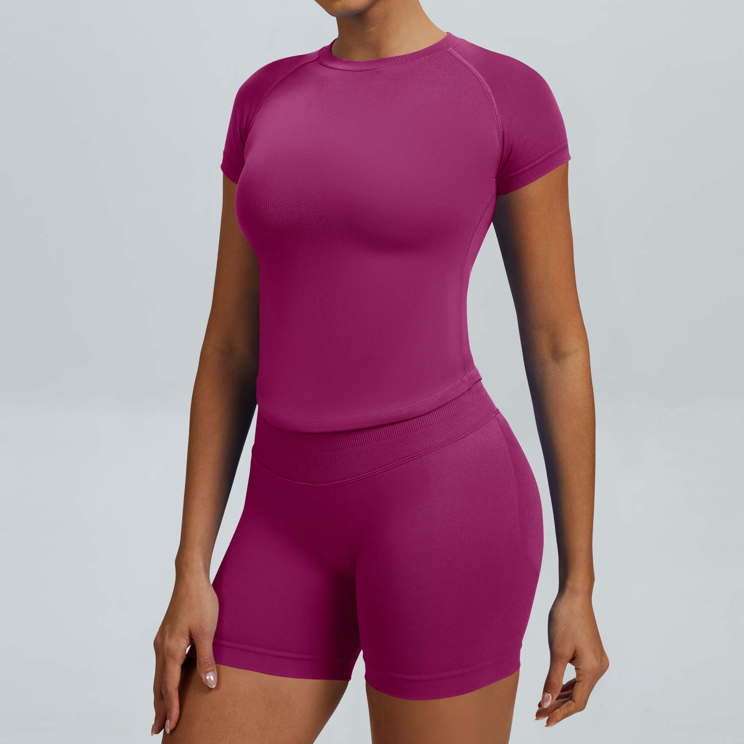 Women Raglan Short Sleeve Crew Neck Crop Top High Waist Biker Shorts 2 Piece Yoga Workout Active Set