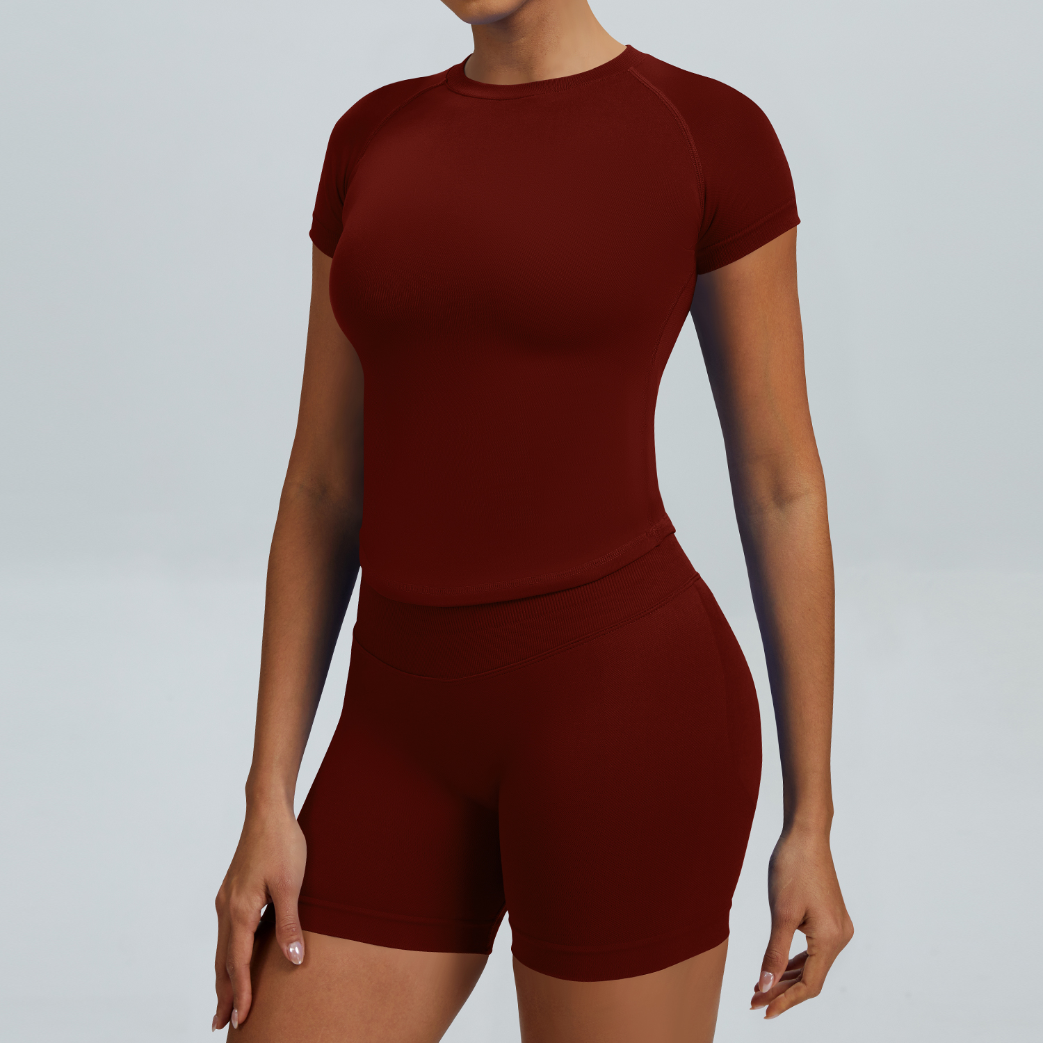 Women Raglan Short Sleeve Crew Neck Crop Top High Waist Biker Shorts 2 Piece Yoga Workout Active Set