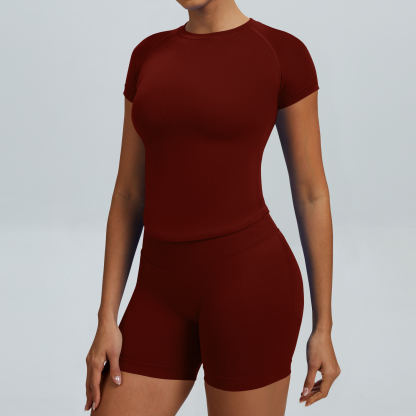 Women Raglan Short Sleeve Crew Neck Crop Top High Waist Biker Shorts 2 Piece Yoga Workout Active Set