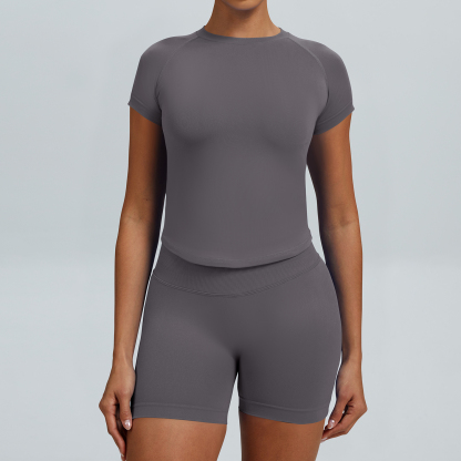 Women Raglan Short Sleeve Crew Neck Crop Top High Waist Biker Shorts 2 Piece Yoga Workout Active Set