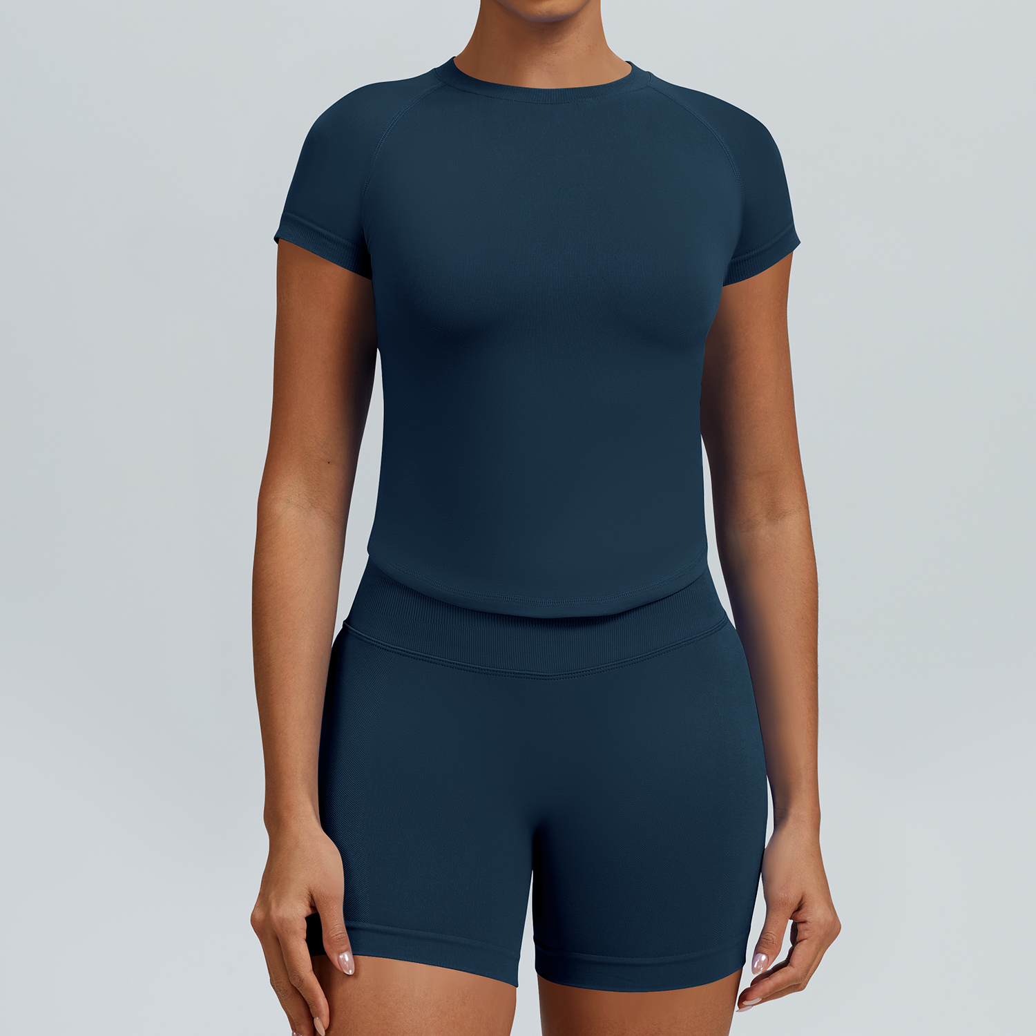 Women Raglan Short Sleeve Crew Neck Crop Top High Waist Biker Shorts 2 Piece Yoga Workout Active Set