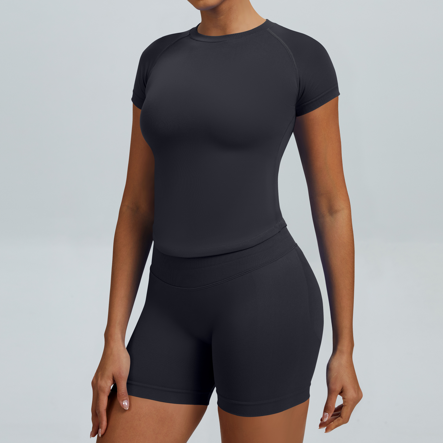 Women Raglan Short Sleeve Crew Neck Crop Top High Waist Biker Shorts 2 Piece Yoga Workout Active Set