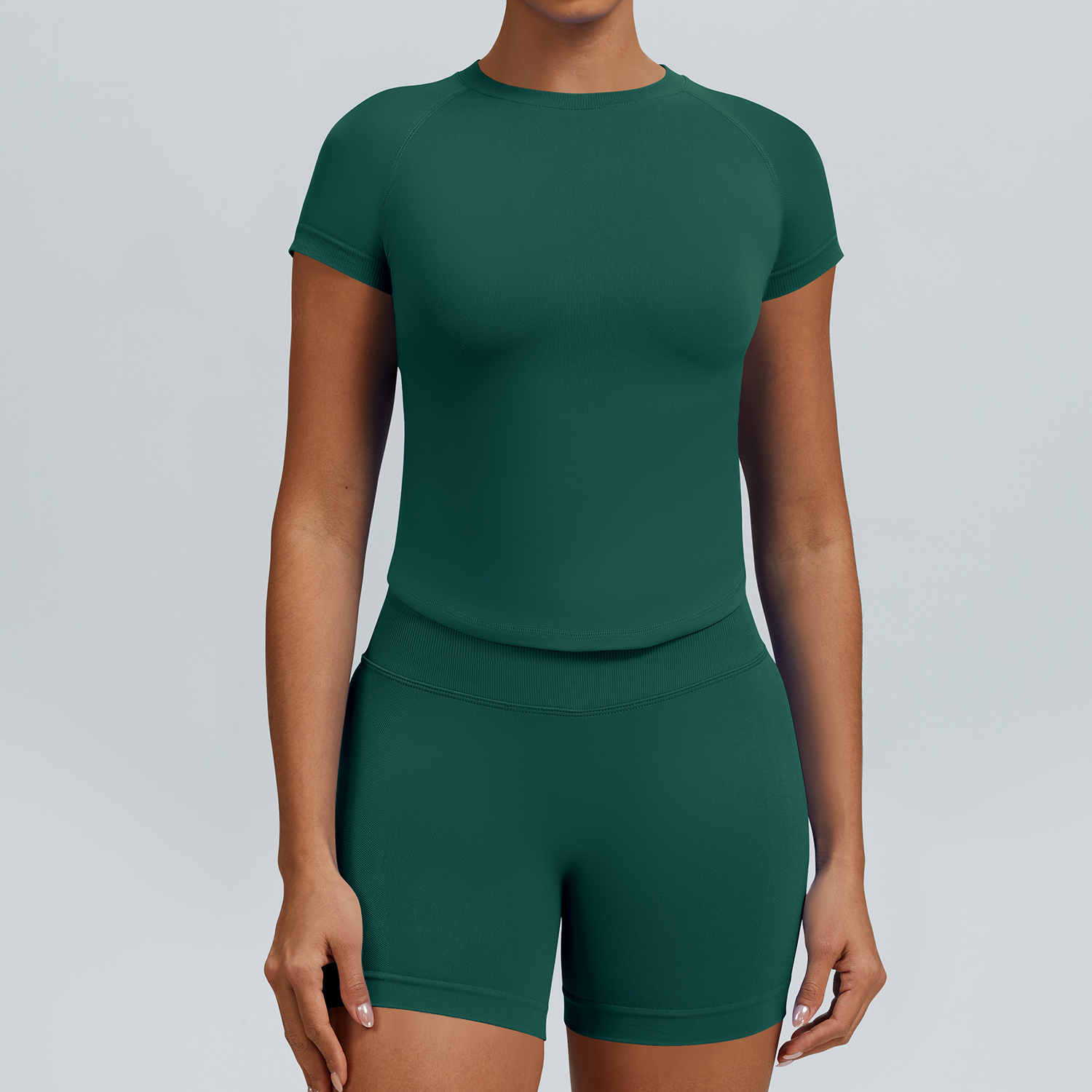 Women Raglan Short Sleeve Crew Neck Crop Top High Waist Biker Shorts 2 Piece Yoga Workout Active Set