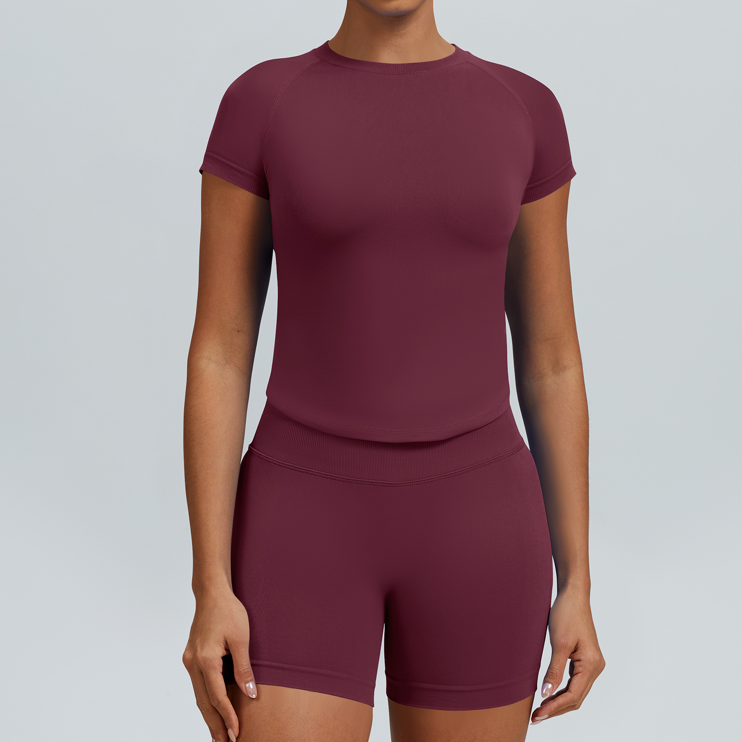 Women Raglan Short Sleeve Crew Neck Crop Top High Waist Biker Shorts 2 Piece Yoga Workout Active Set