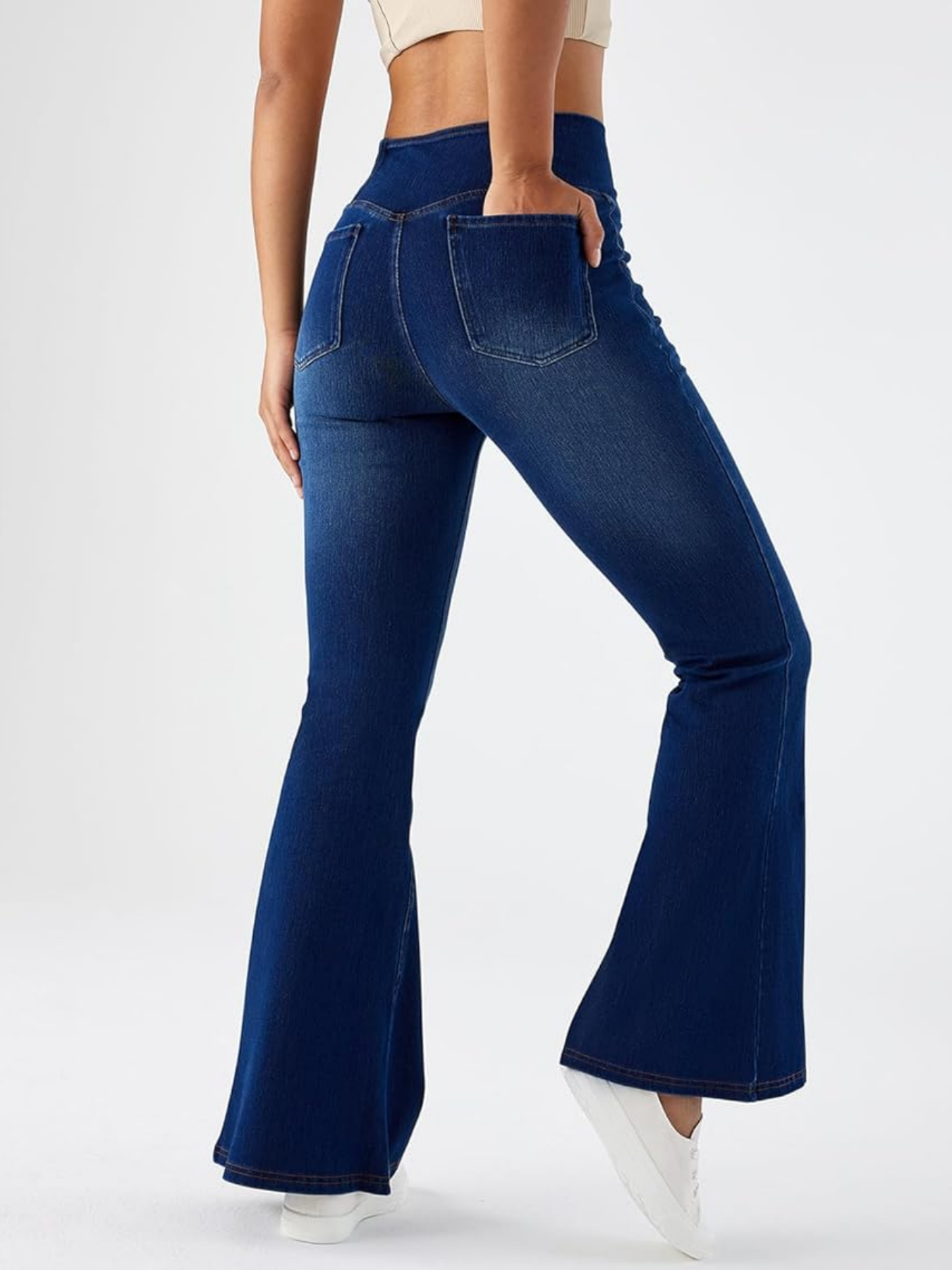 Women Cross V Crossover High Waist Flared Bootcut Jeans With Side Pockets Casual Long Pants