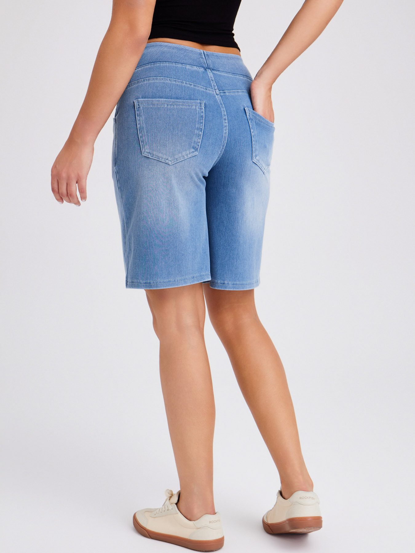 Women Wide Elastic High Waist Bermuda Denim Shorts Functional Pockets Knee Length Casual Walking Shorts