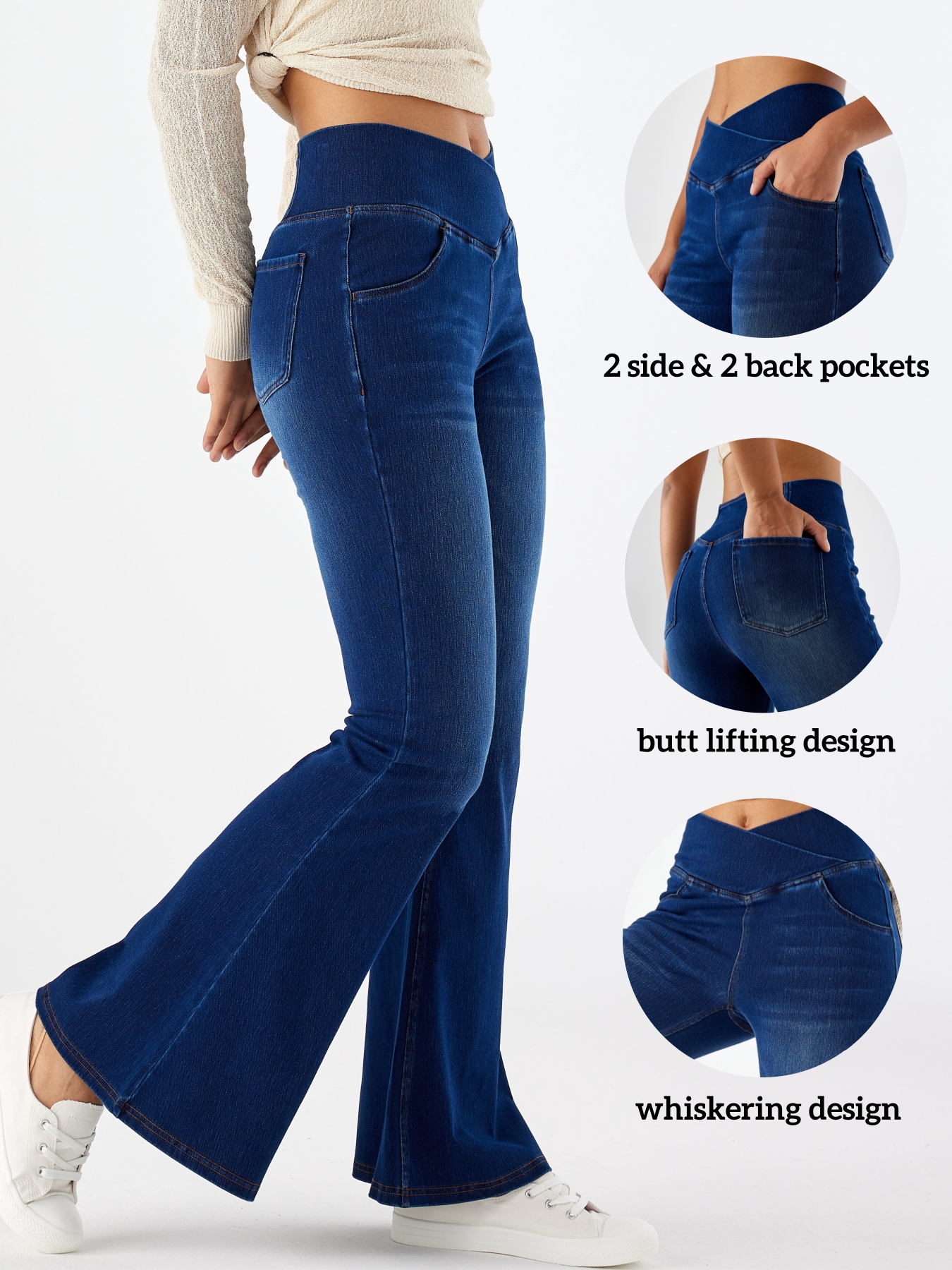 Women Cross V Crossover High Waist Flared Bootcut Jeans With Side Pockets Casual Long Pants