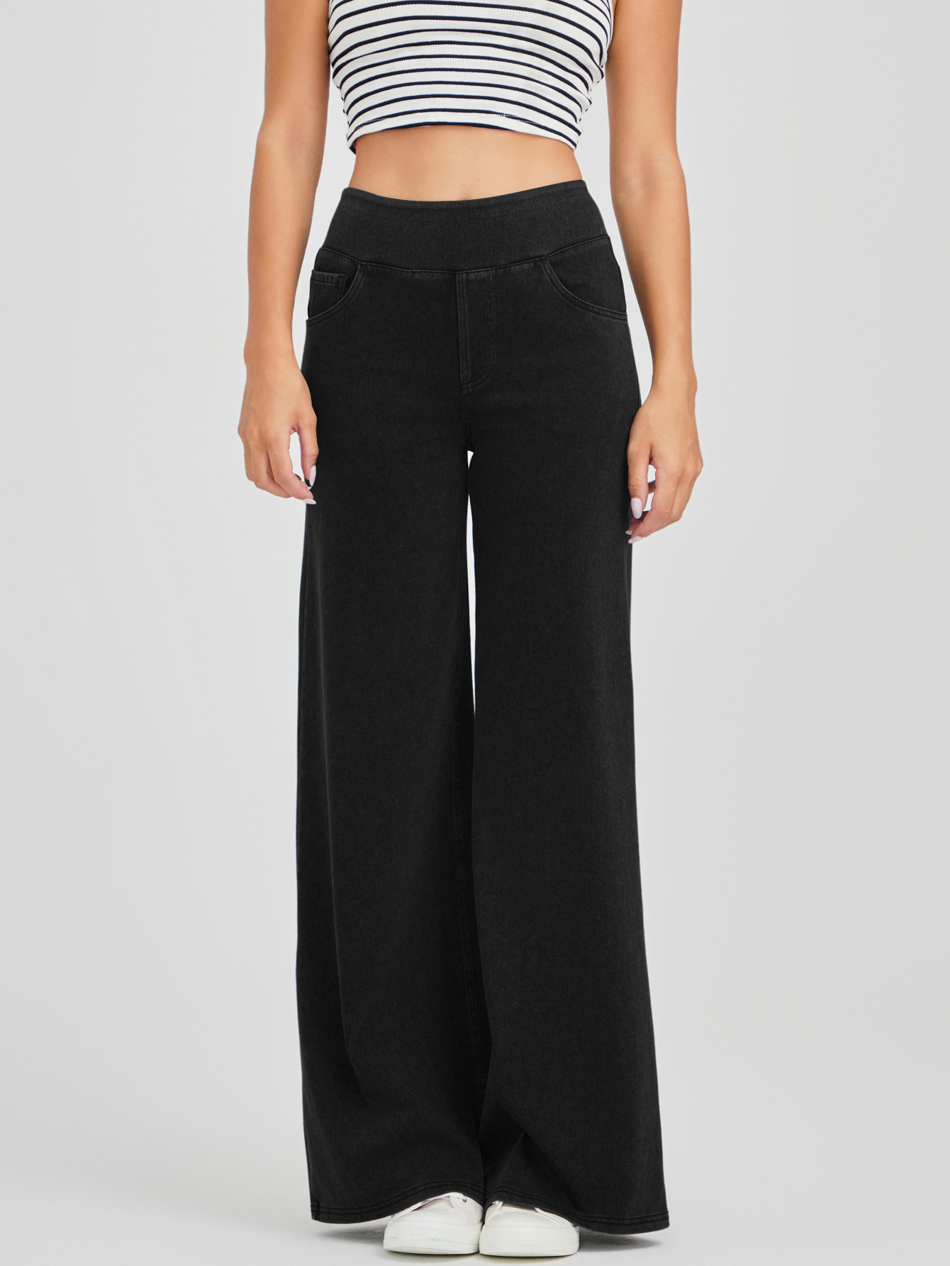 Light Wash High Waist Pull-On Wide Leg Jeans for Women - Stretchy Comfort Denim Pants