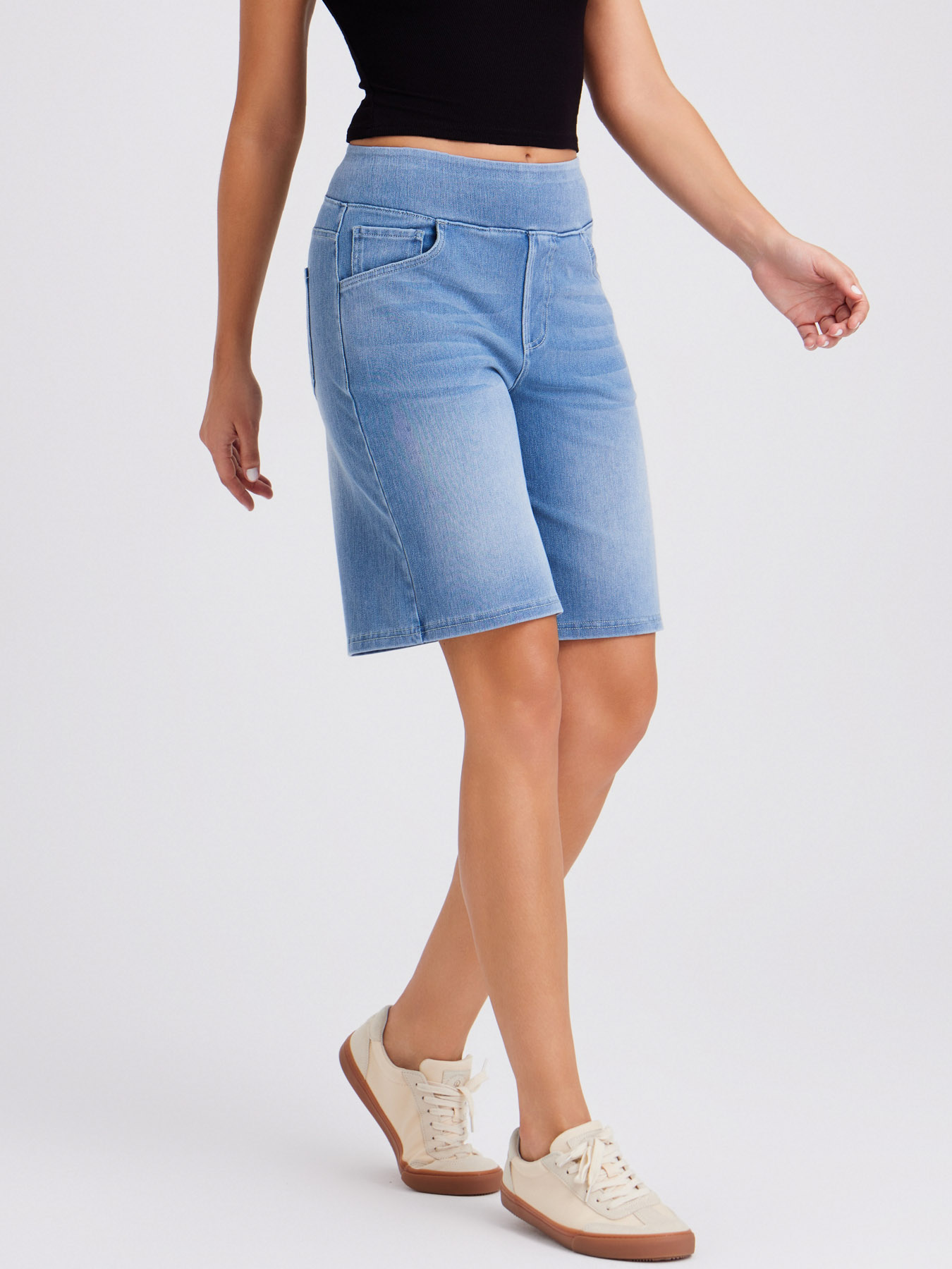Women Wide Elastic High Waist Bermuda Denim Shorts Functional Pockets Knee Length Casual Walking Shorts