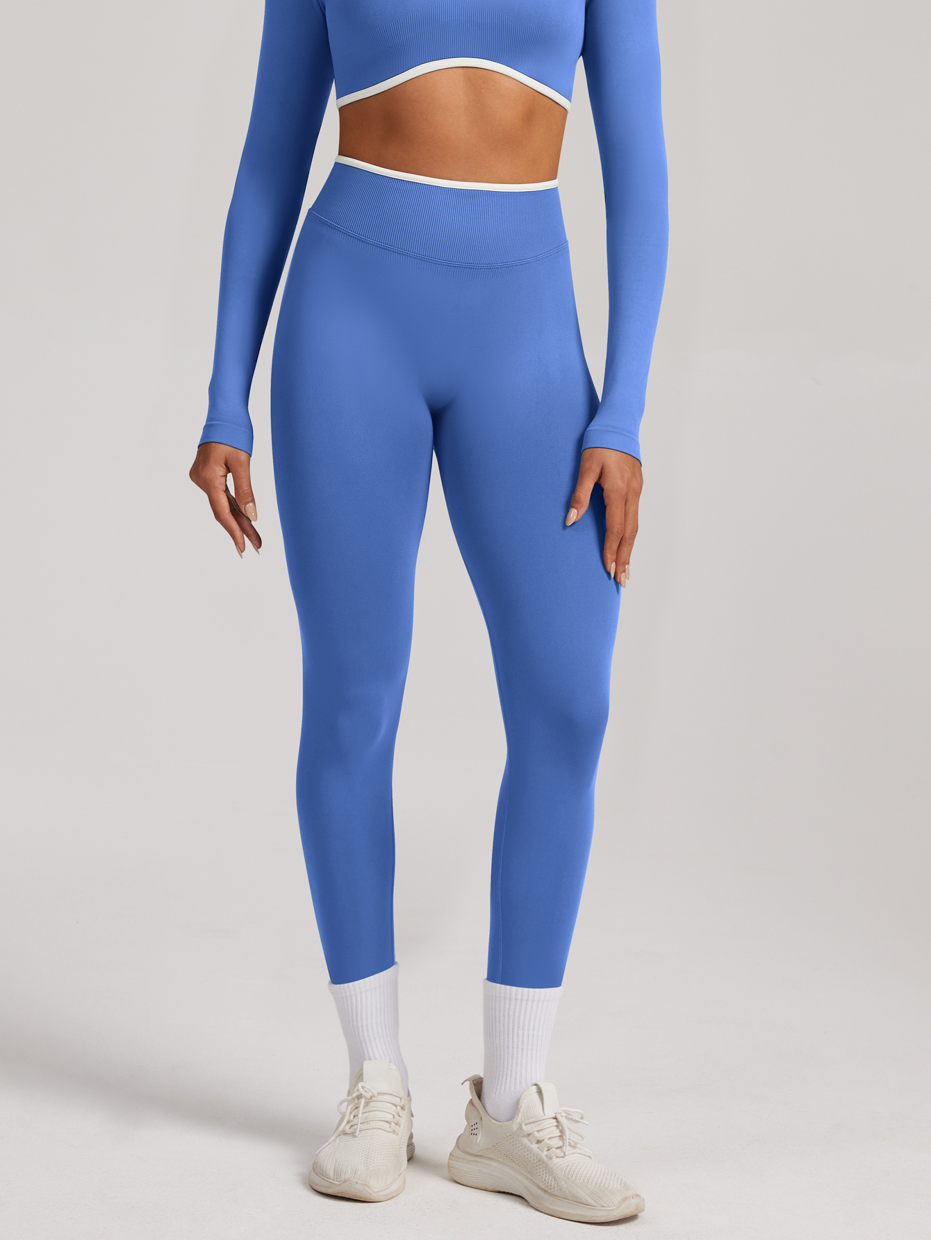 Women Contrast White Trim High Waist Seamless Yoga Leggings Tummy Control Stretch Fitness Workout Pants