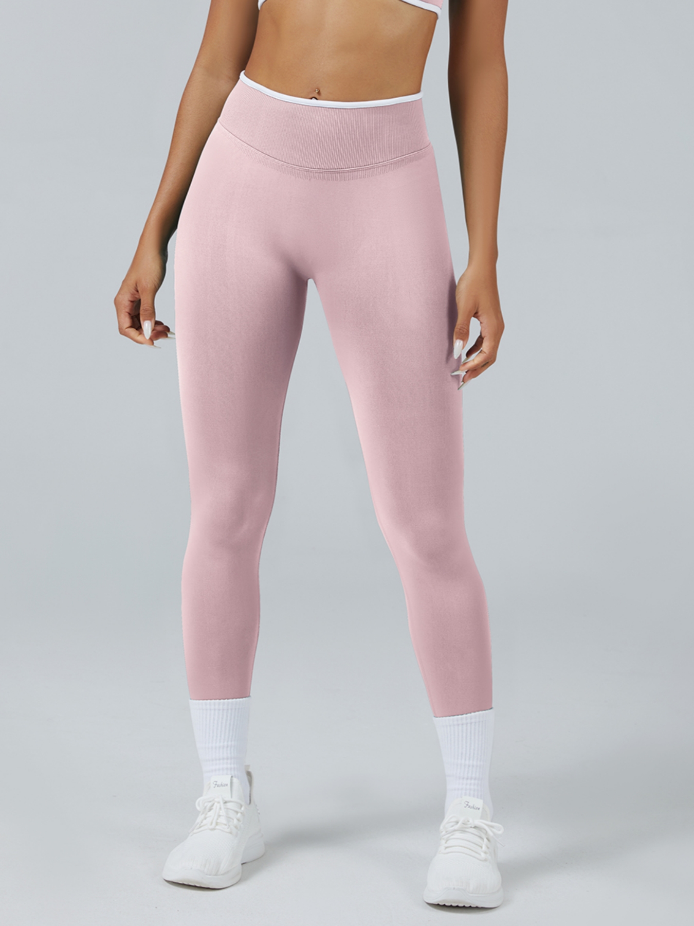 Women Contrast White Trim High Waist Seamless Yoga Leggings Tummy Control Stretch Fitness Workout Pants